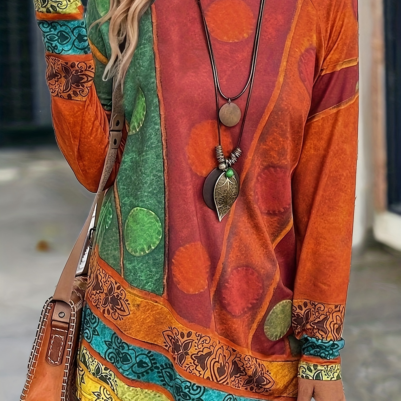 

Boho- Size Long Sleeve T-shirt For Women - Casual Ethnic Print, Crew Neck, Stretch Fabric, Machine Washable