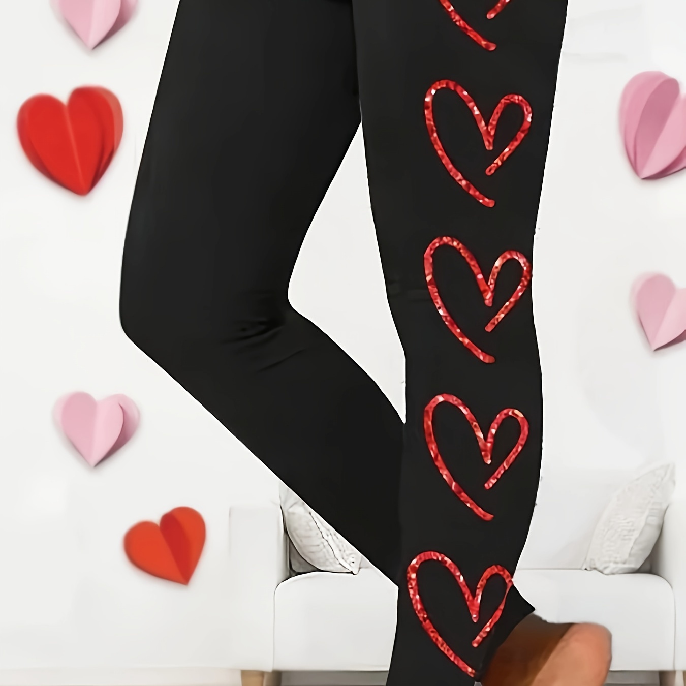 

Plus Size Heart Print Skinny Leggings, Casual Every Day Stretchy Leggings, Women's Plus Size Clothing