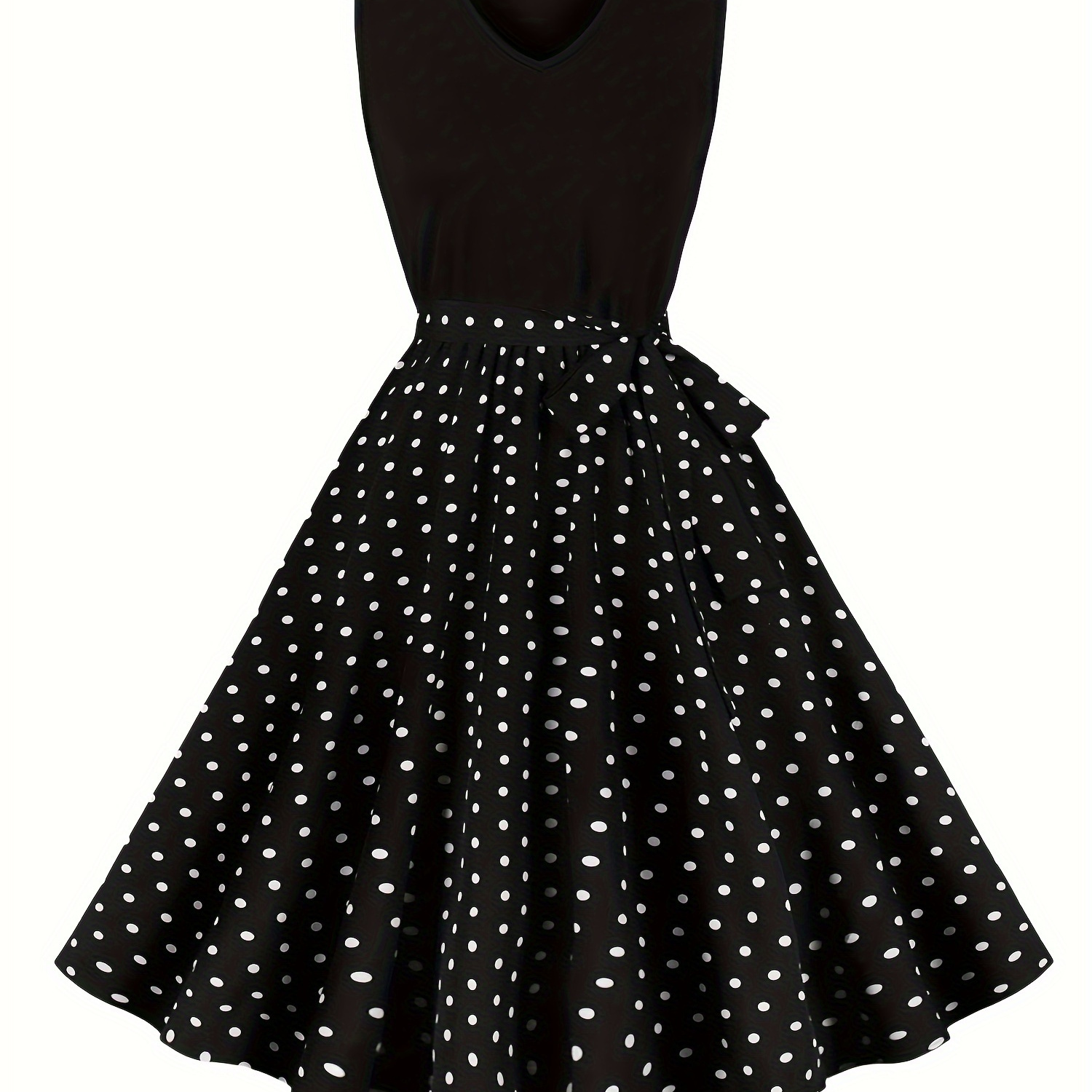 

Retro Polka Casual Dress For Women - Black With White Stars, Sleeveless A-line Skirt With Belt Detail, Machine Washable, Polyester Fabric