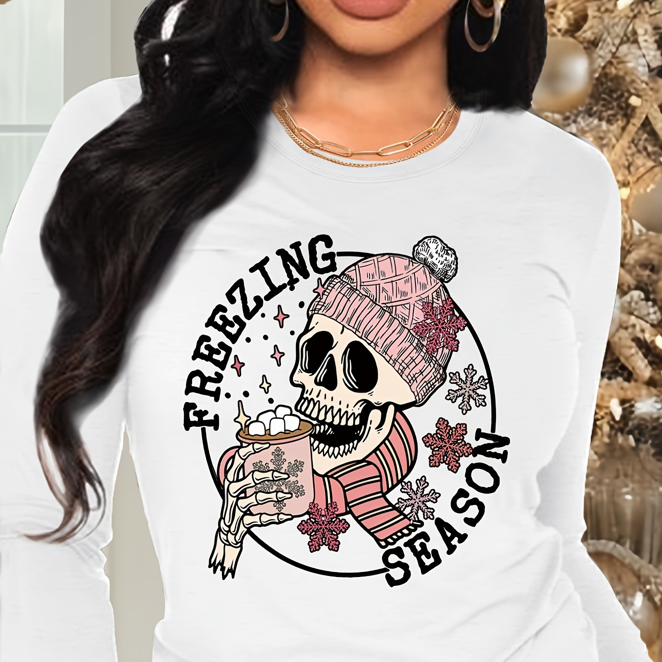 

Women's Casual Long Sleeve Crew Neck T-shirt With Freezing Season Skeleton , 100% Polyester Knit Fabric, Regular Length, All Top