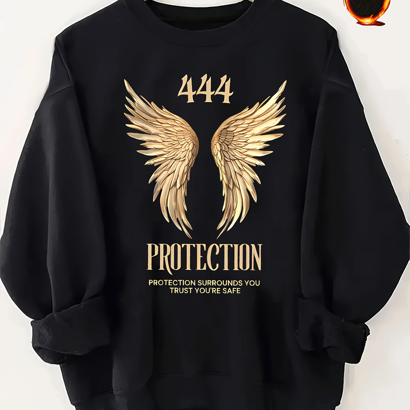 

Women's Cozy Fleece-lined Pullover Sweatshirt With Wings Print - Casual Crew Neck, Breathable Polyester, Machine Washable