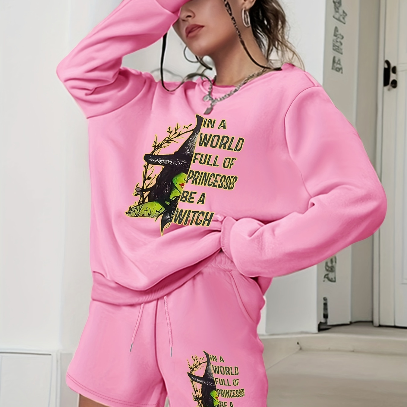 

Witch & Letter Print Two-piece Set, Long Sleeve Sweatshirt & Drawstring Loose Shorts Outfits, Women's Clothing