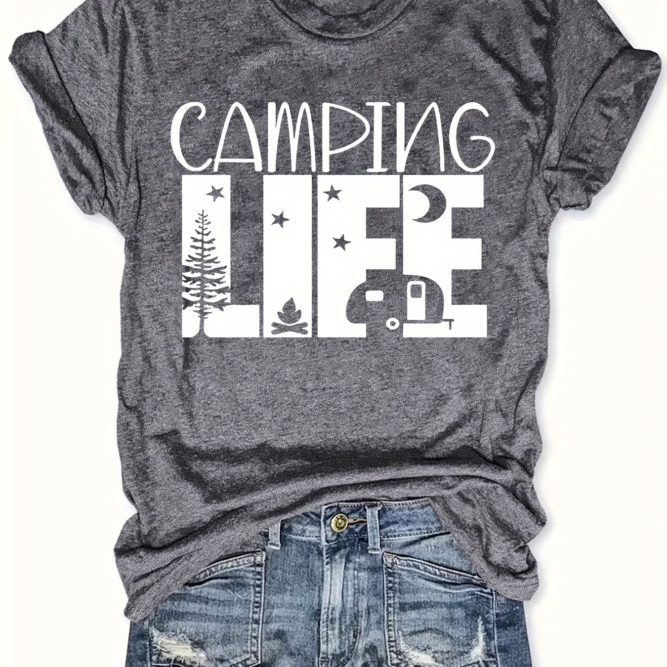 

Plus Size Camping Life Print T-shirt, Casual Short Sleeve Crew Neck Top For Spring & Summer, Women's Plus Size Clothing