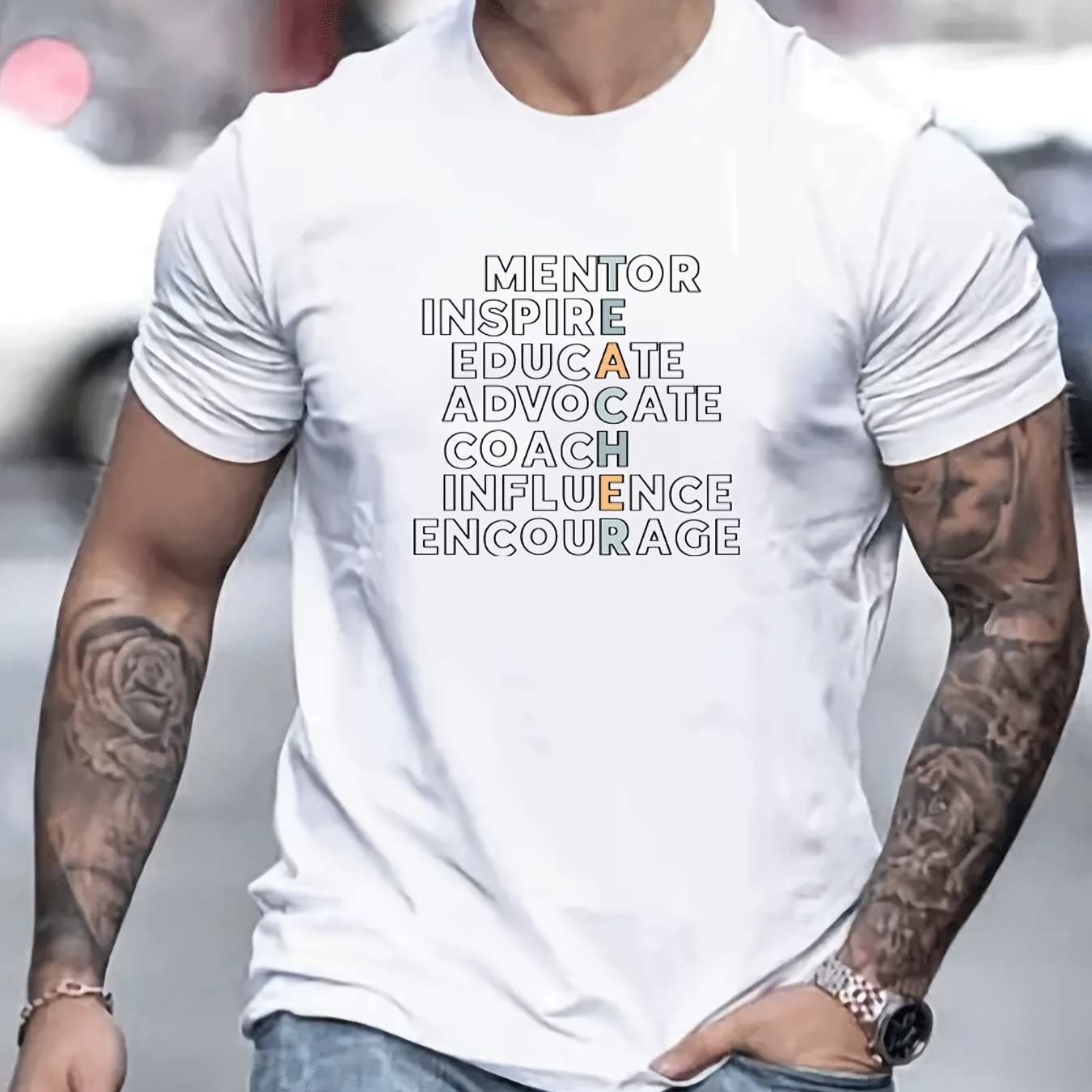 

Creative "teacher" Print T-shirt, Men's Casual Street Style Stretch Round Neck Tee Shirt For Summer