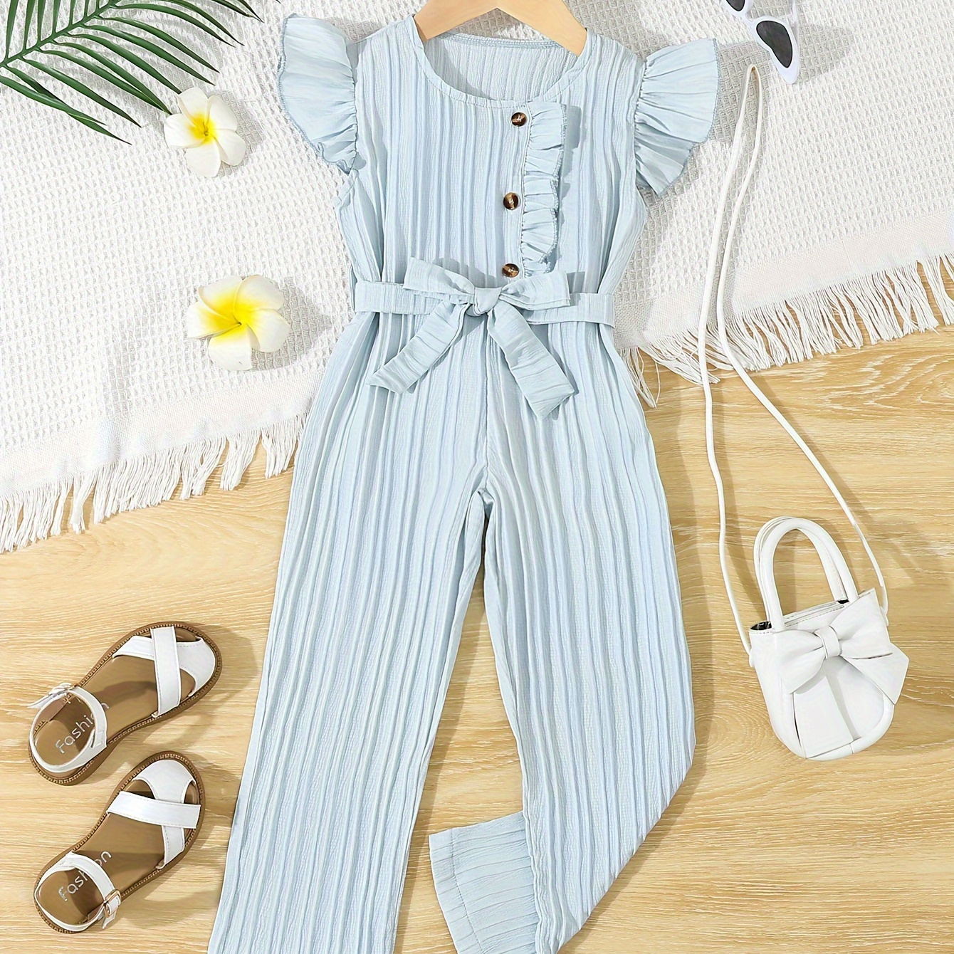 

Girls Casual & Trendy Flutter Sleeve Ruffle Trim Belted Solid Colored Jumpsuit For Spring & Summer