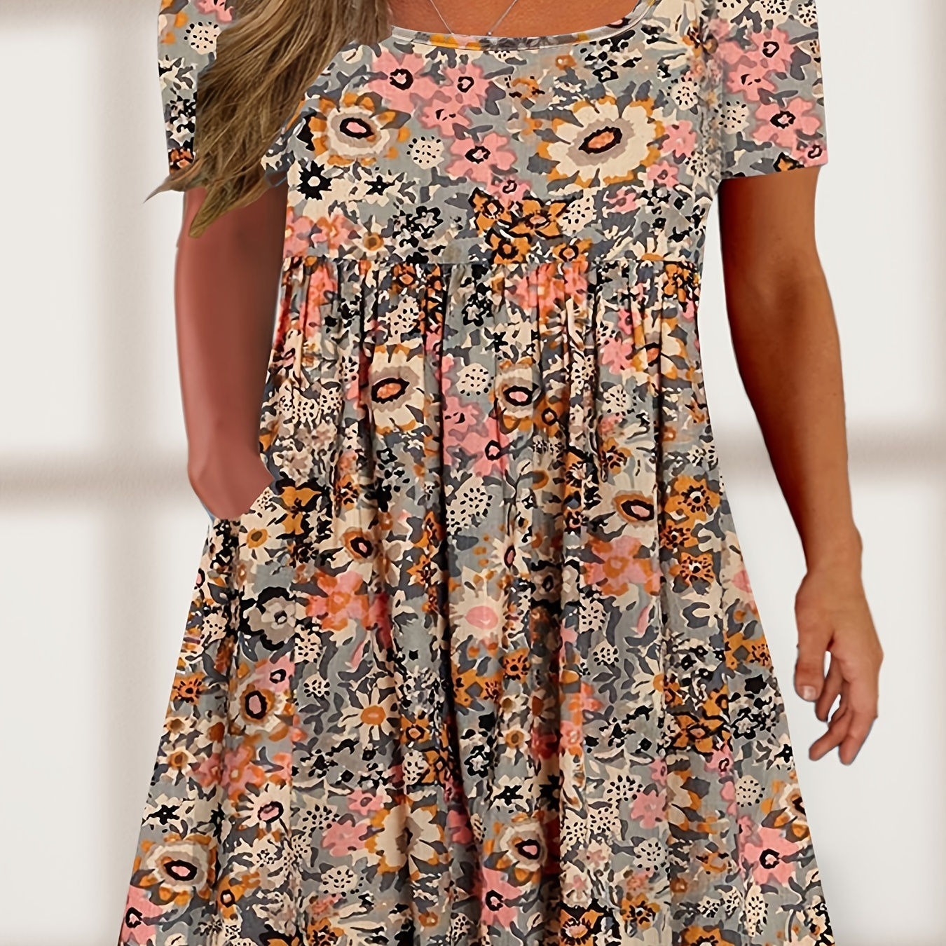 

Plus Size Elegant Dress, Women's Plus Floral Print Short Sleeve Square Neck Dress With Pockets