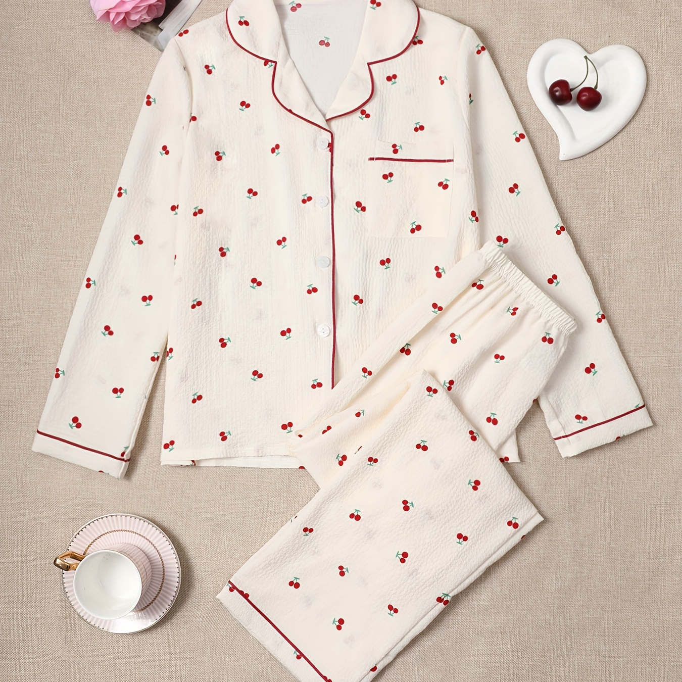 

Elegant Cherry Print Pajama Set For Adults - Polyester With Elastane, Woven Fruit & Vegetable Pattern, Long Sleeve Lapel Collar, Comfortable Fall/winter Sleepwear With Patterned