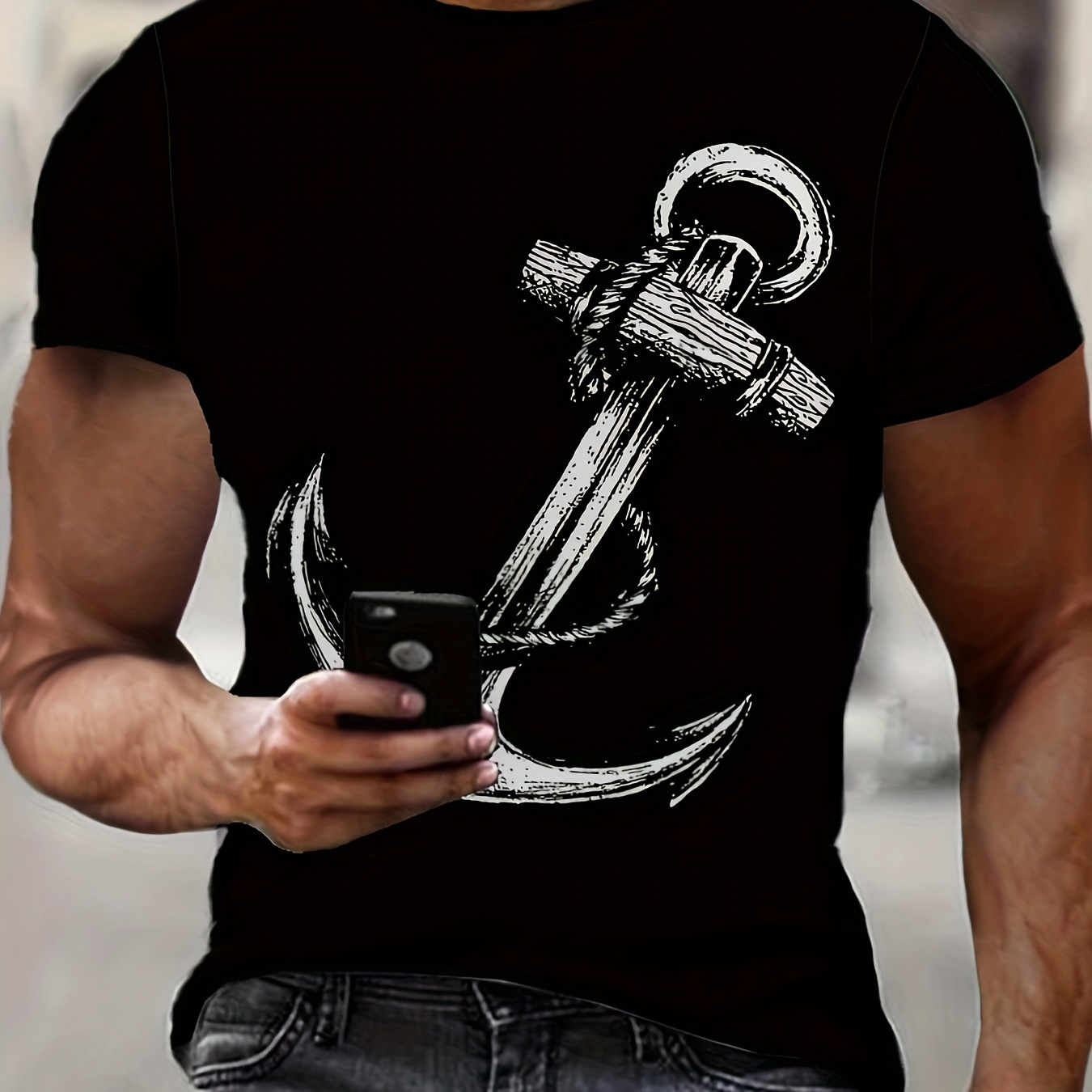 

Men's Anchor Print T-shirt, Casual Short Sleeve Crew Neck Tee, Men's Clothing For Outdoor