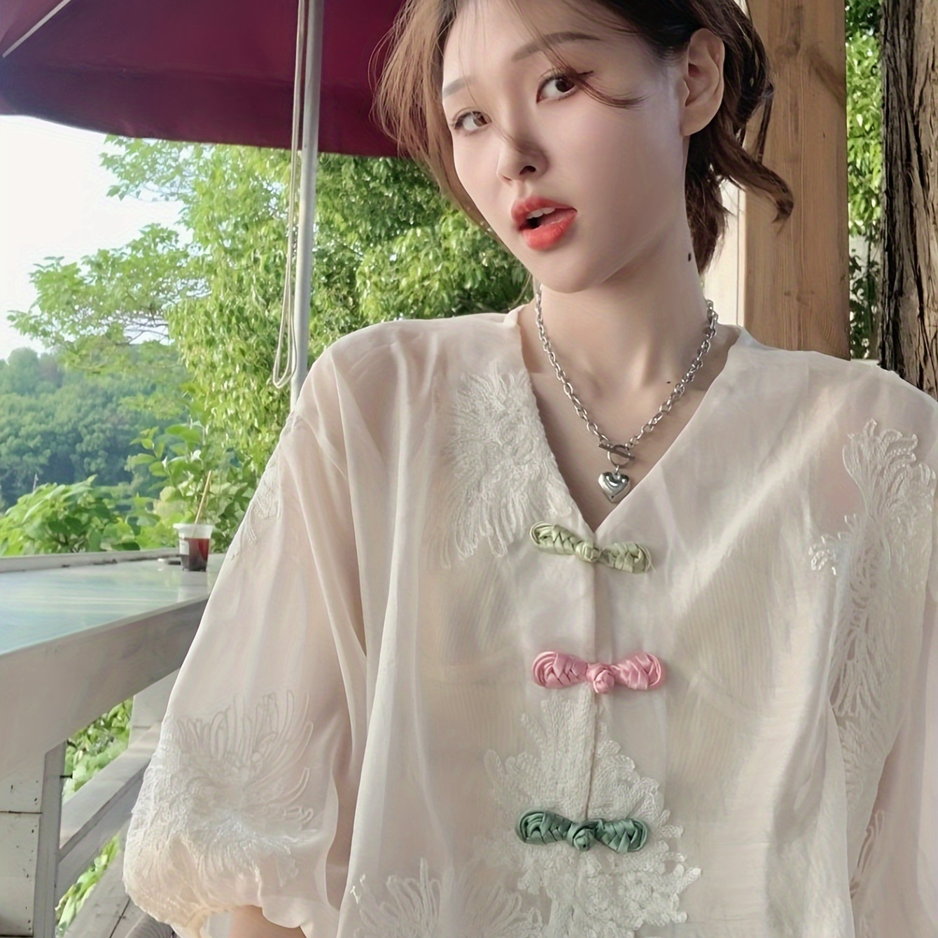 

Frog Button Embroidered Blouse, Elegant V Neck Lantern Sleeve Blouse, Women's Clothing