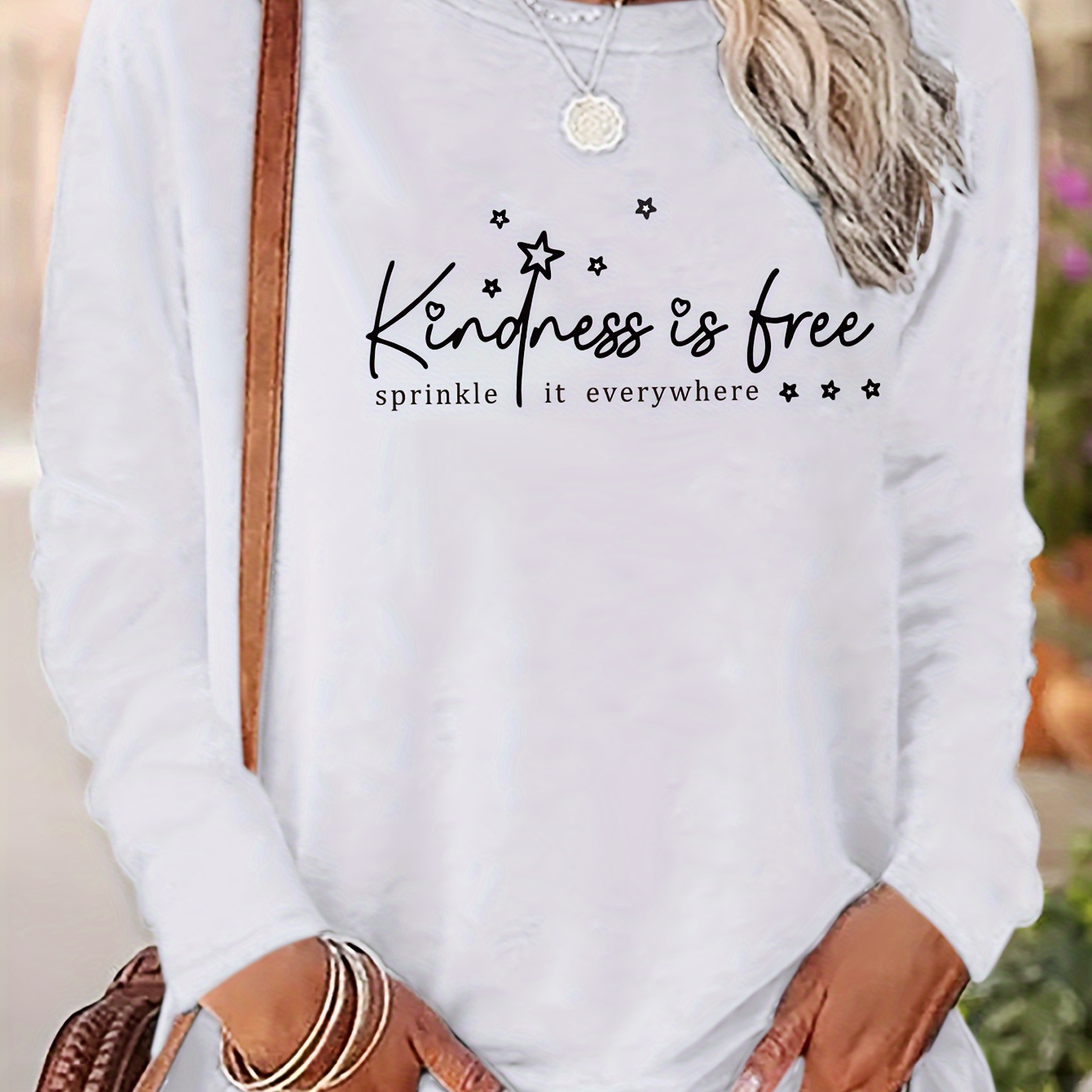 

Kindness Is Free Letter Print T-shirt, Long Sleeve Crew Neck Casual Top For Spring & Fall, Women's Clothing