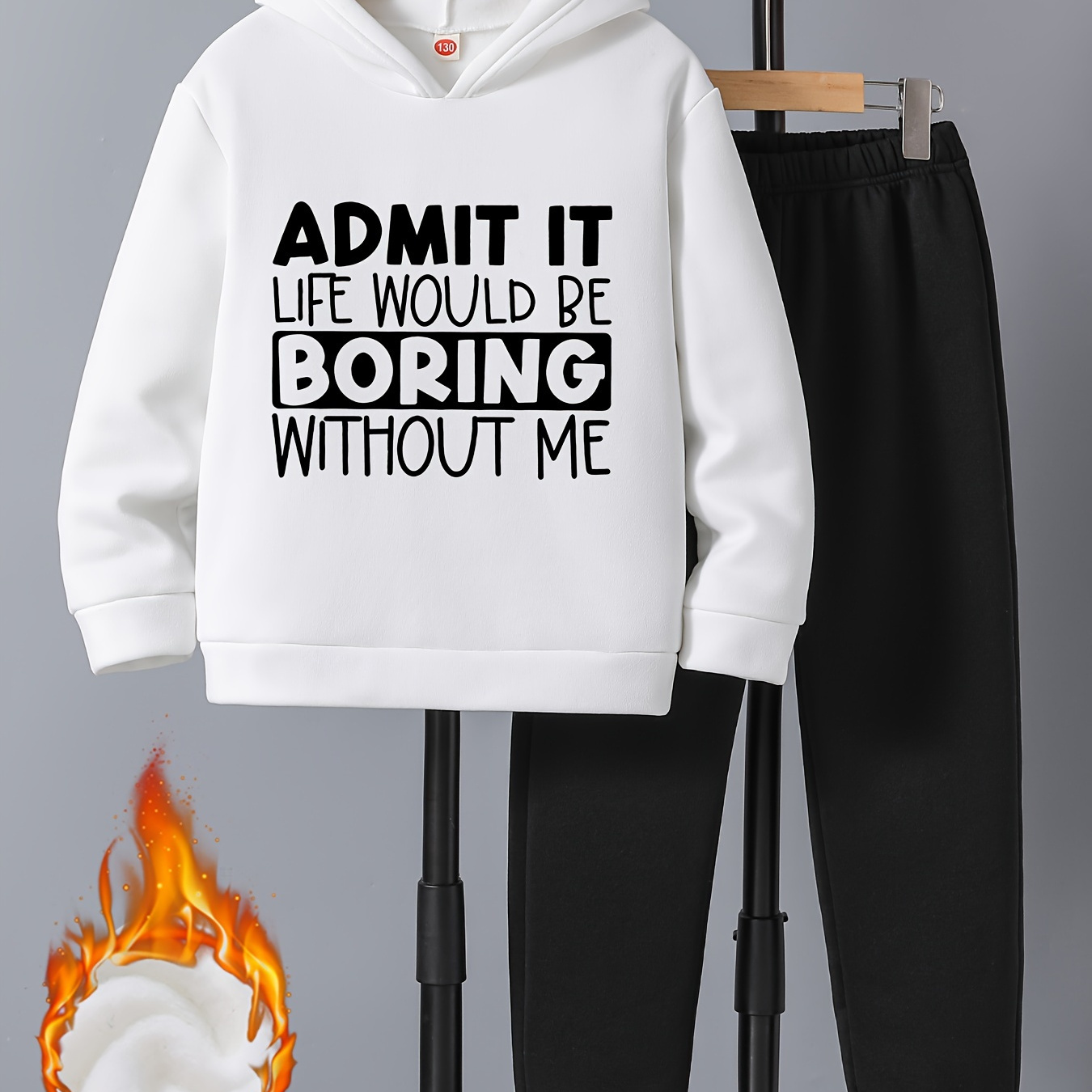 

2pcs Boy's "life Would Be Boring Without Me" Print Hooded Outfit, Fleece Hoodie & Pants Set, Kid's Clothes For Fall Winter, As Gift