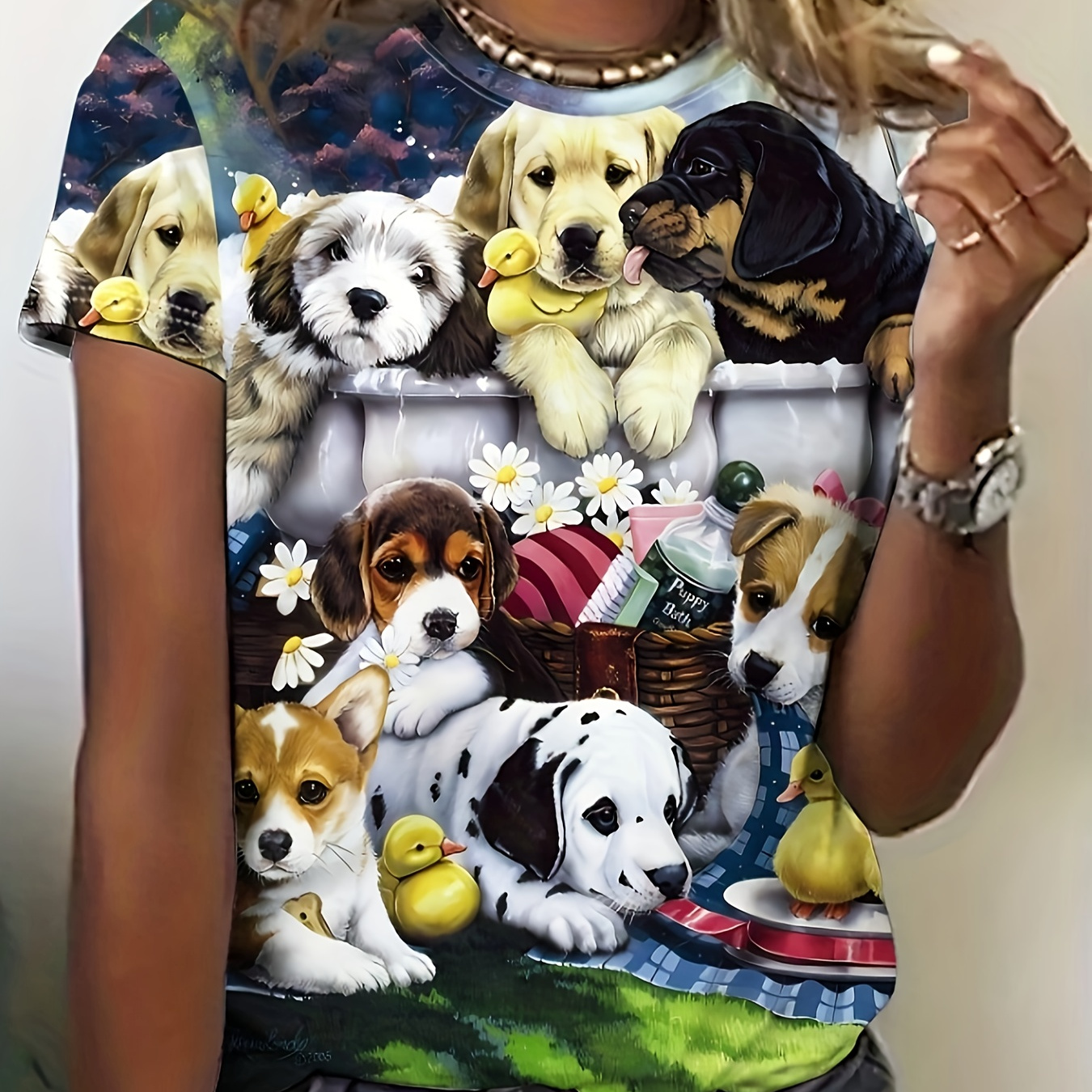 

Cute Dog Print Crew Neck T-shirt, Short Sleeve Casual Top For Summer & Spring, Women's Clothing
