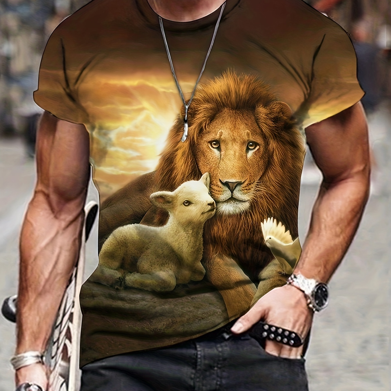 

3d Lion & Lamb Print, Men's Graphic Design Crew Neck Novel T-shirt, Casual Comfy Tees Tshirts For Summer, Men's Clothing Tops For Daily Vacation Resorts