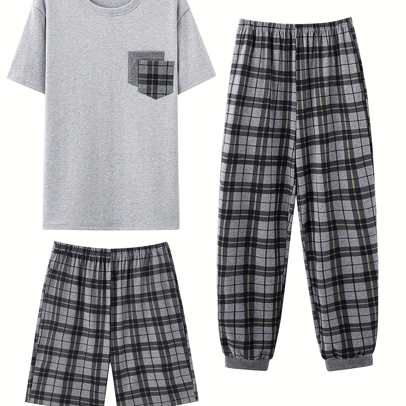

3pcs Men's 100% Cotton Pajama Set, Short Sleeve Crew Neck Front Pocket Top & Classic Plaid Shorts & Trouser Nightwear Loungewear, Casual & Stylish Pj Outfits For Men