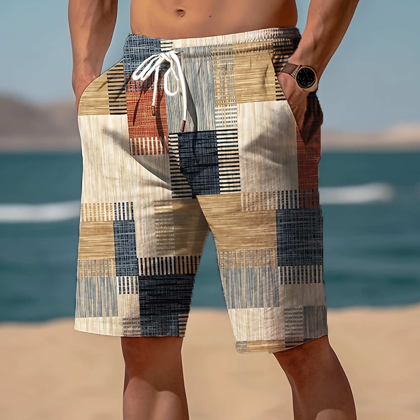 

Men's Geometric-patterned Casual Beach Shorts, 100% Polyester, Stretch, Drawstring, Regular Fit, Woven Fabric, 120g/m² - European And Summer Fashion