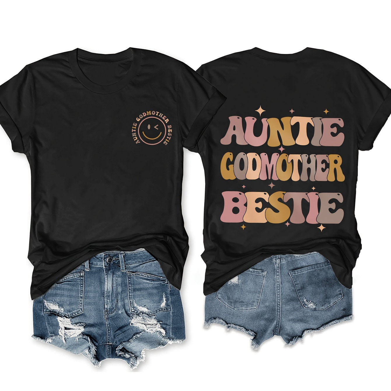 

Women's Casual Auntie Bestie Letter Print T-shirt, Short Sleeve Crew Neck Polyester Knit Fabric Top, Pattern, 95% Polyester 5% Elastane, 180gsm - Regular Fit