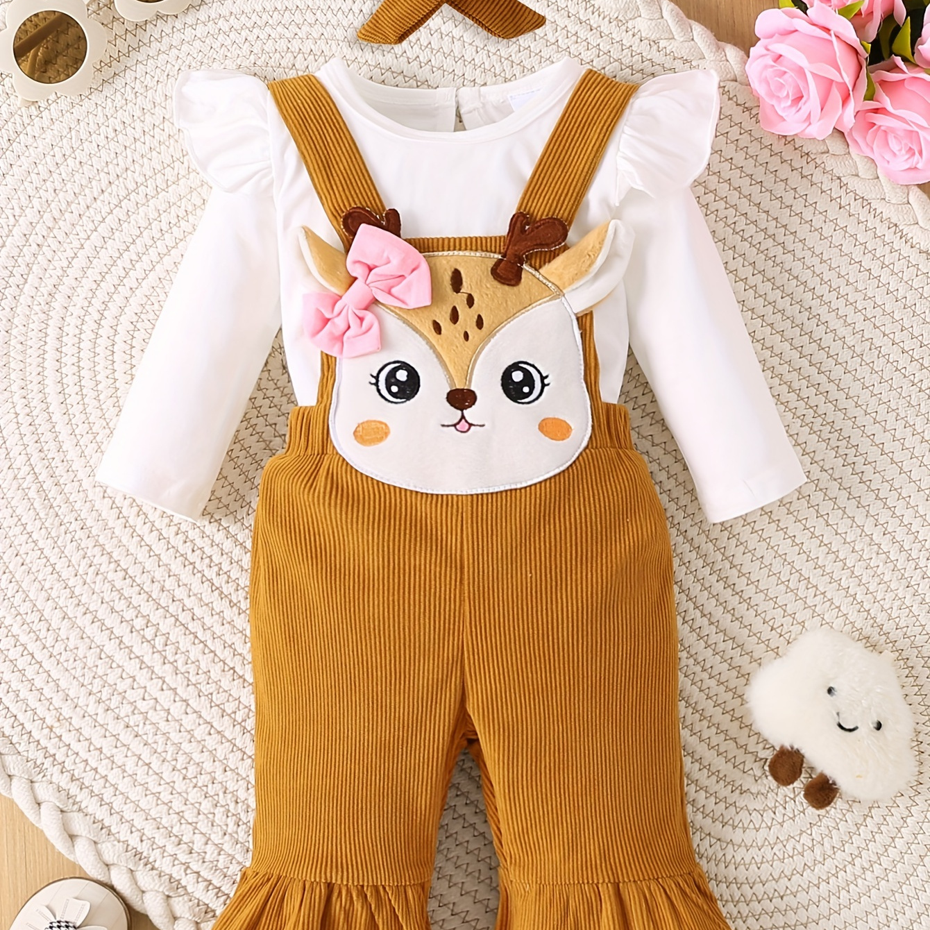 

2pcs Baby's Bowknot Deer Patchwork Corduroy Flared Overalls & Long Sleeve Top Set, Toddler & Infant Girl's Clothes For Daily Wear