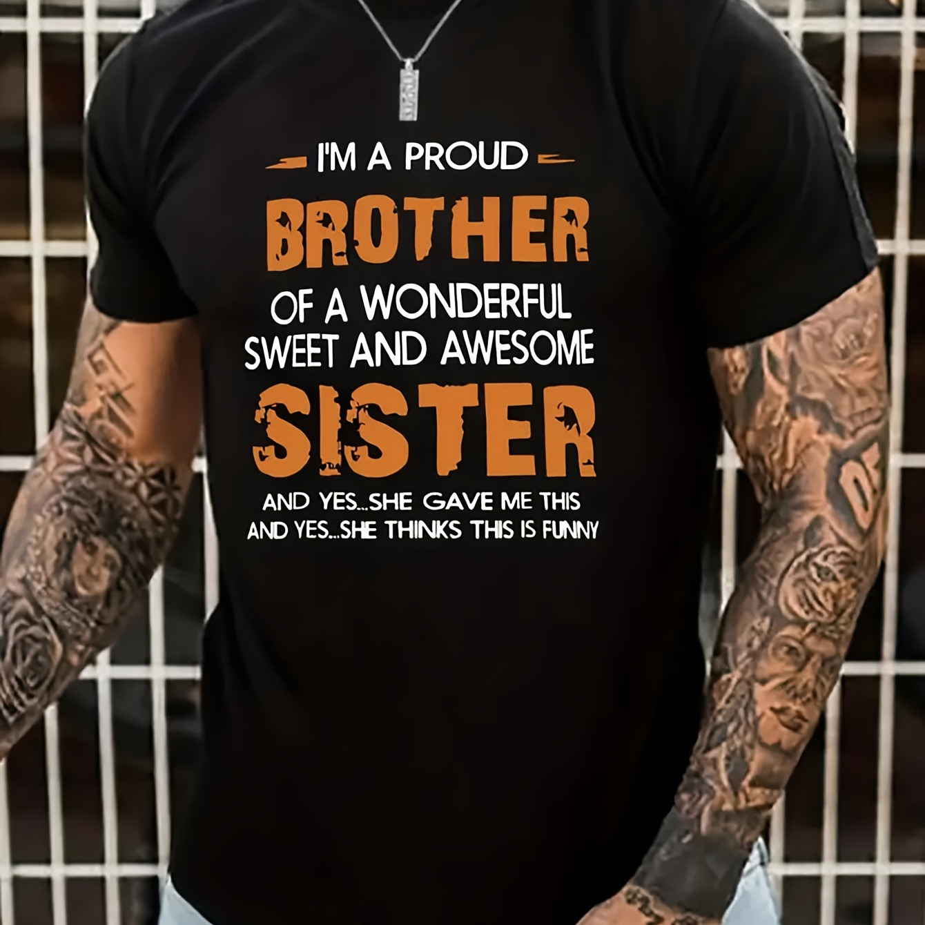 

I'm A Proud Brother Of A Wonderful Sweet And Awesome Sister Print, Men's Crew Neck Short Sleeve Summer T-shirt, Casual Comfy Cotton Top For Daily Wear