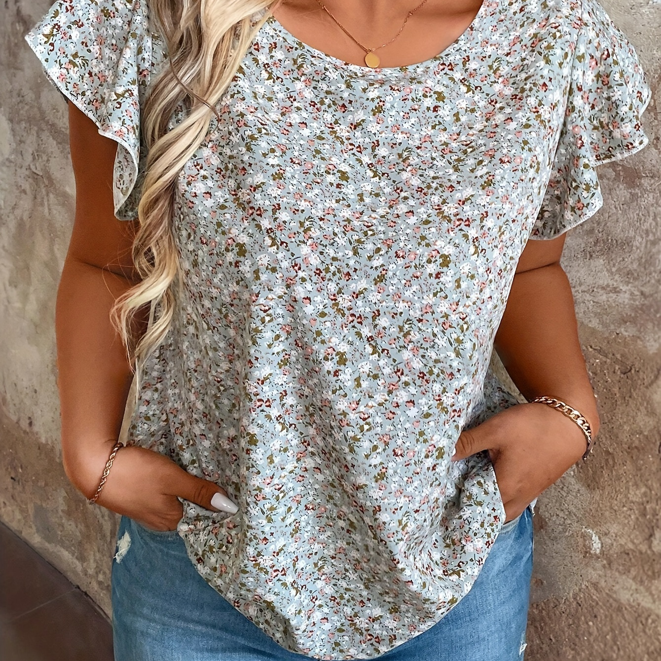

Plus Size Floral Print Blouse, Casual Crew Neck Ruffle Sleeve Blouse For Spring, Women's Plus Size clothing