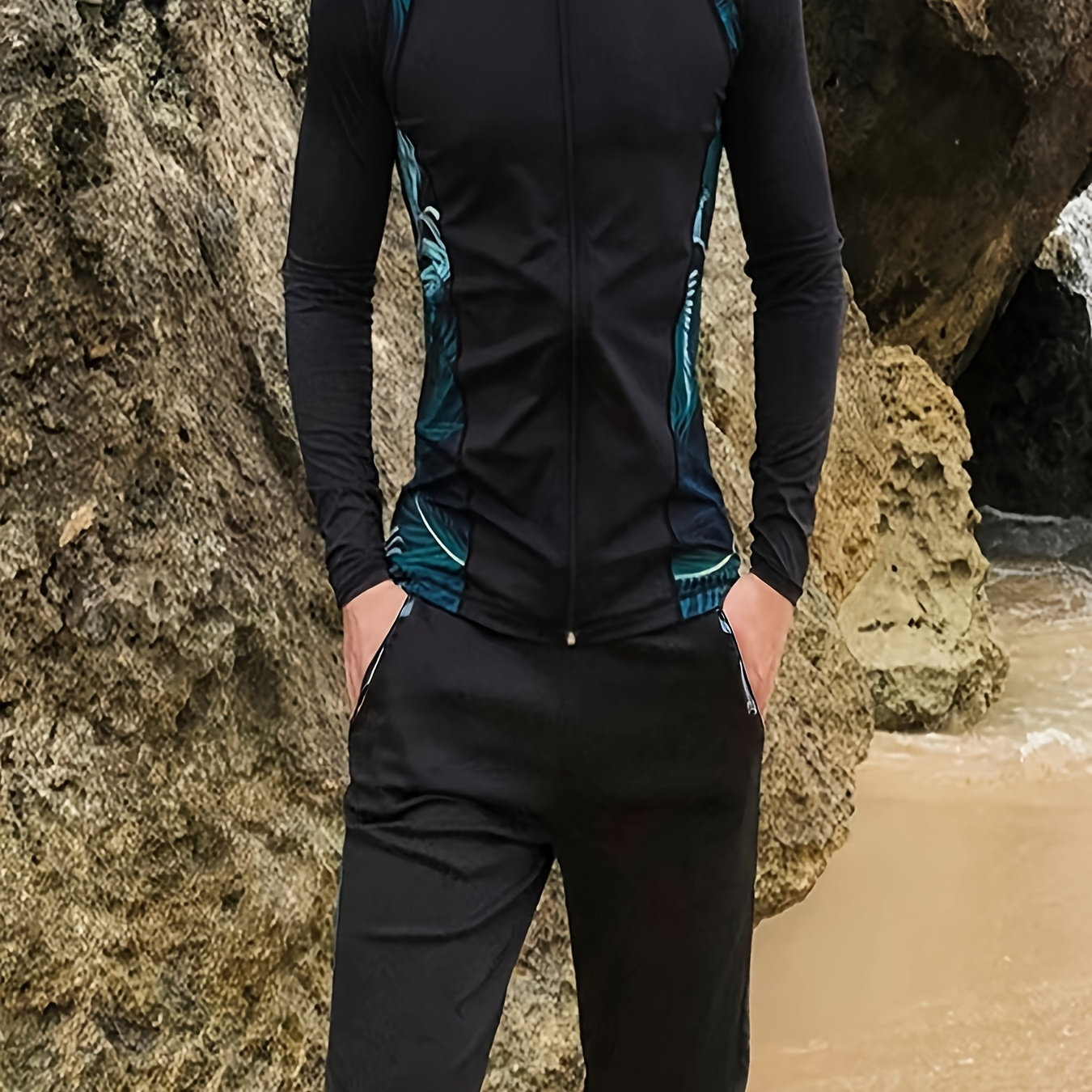 

3-piece Men's Water Sports Wet Suit Set, Men's Color Block Long Sleeve Slim Fit Zipper Top & Pocket Shorts & Leggings