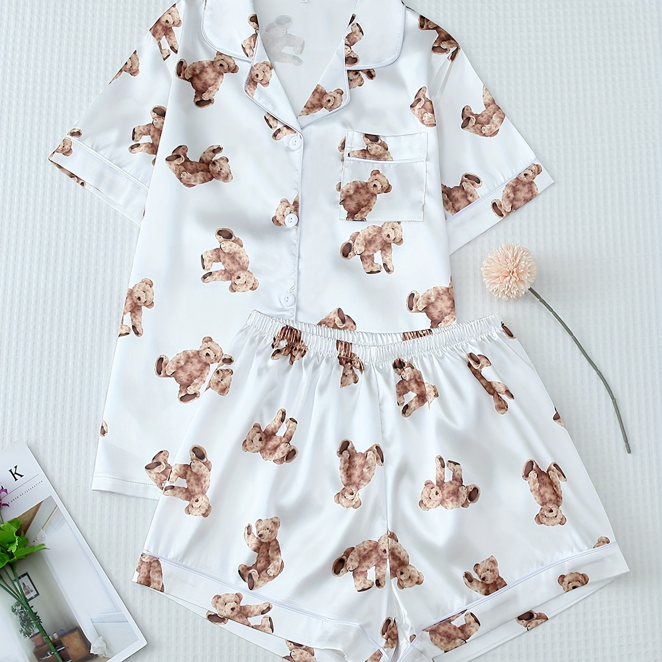 

Women's Allover Print Satin Pajama Set, Short Sleeve Buttons Lapel Top & Shorts, Comfortable Relaxed Fit