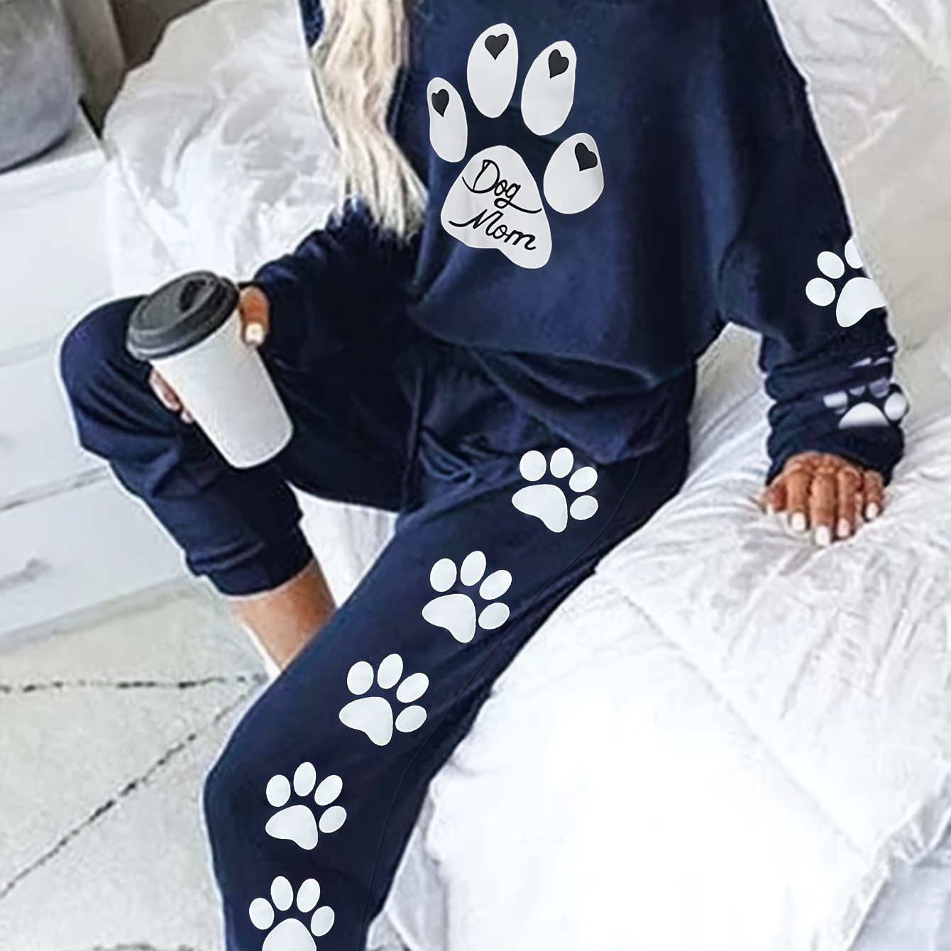 

Plus Size Casual Dog Mom Print Pants Set, Slant Shoulder Long Sleeve Top & Tie Waist Pants Outfits, Women's Plus Size Clothing