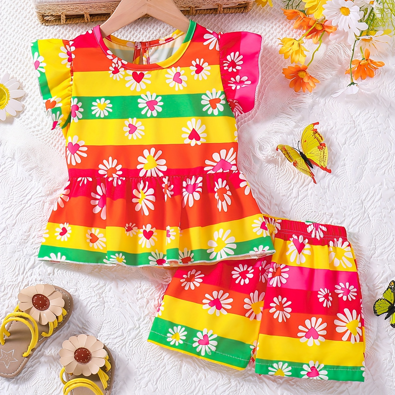 

Sweet Girls 2pcs Creative Flower Graphic Stripped Outfits Summer Party Gift