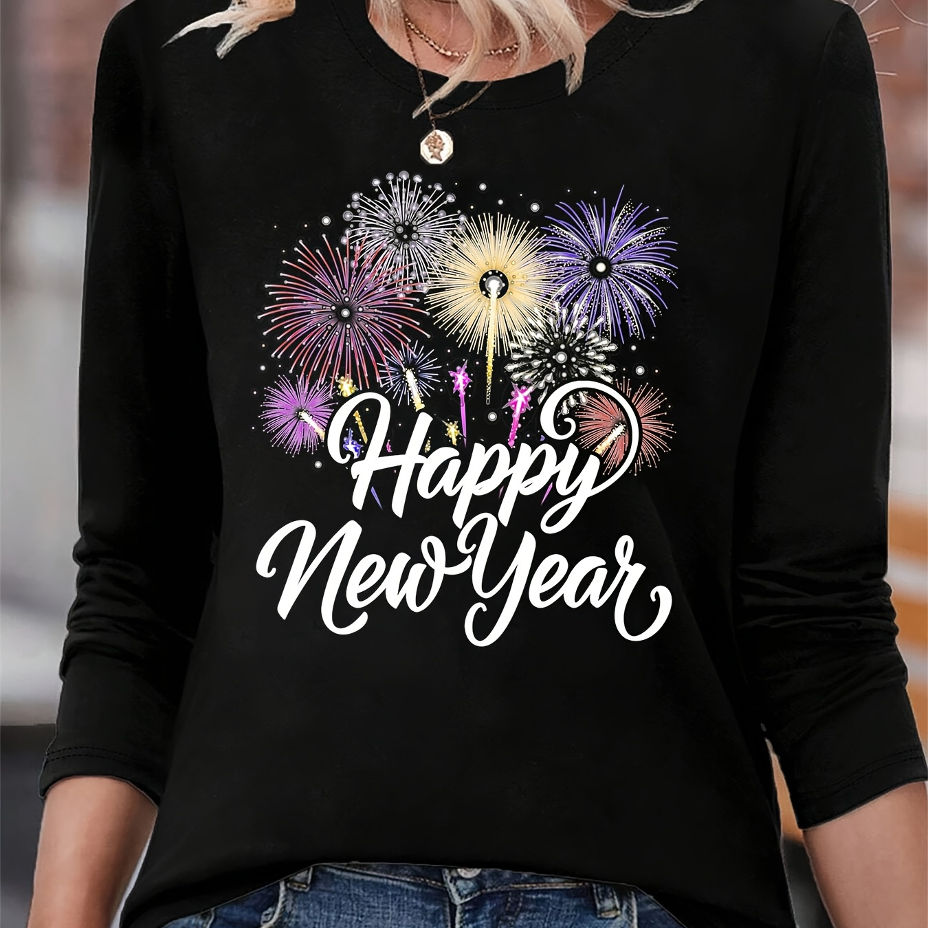 

2025 Happy New Year Print T-shirt, Long Sleeve Crew Neck Casual Top For Spring & Fall, Women's Clothing