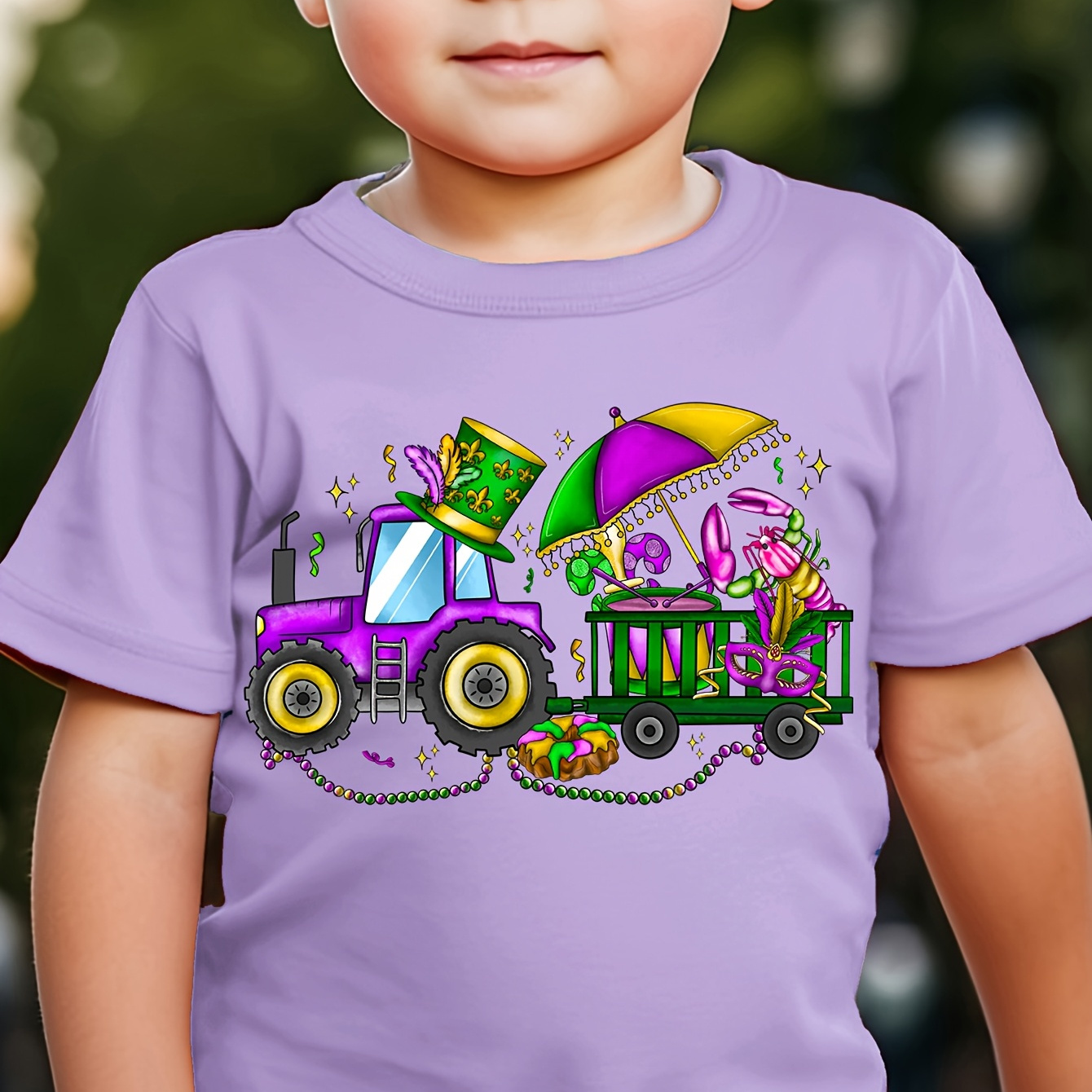 

Chicfull Boys' Mardi Gras Tractor & Graphic T-shirt - Purple, 100% Polyester, Casual Round Neck, Machine Washable - Spring/summer