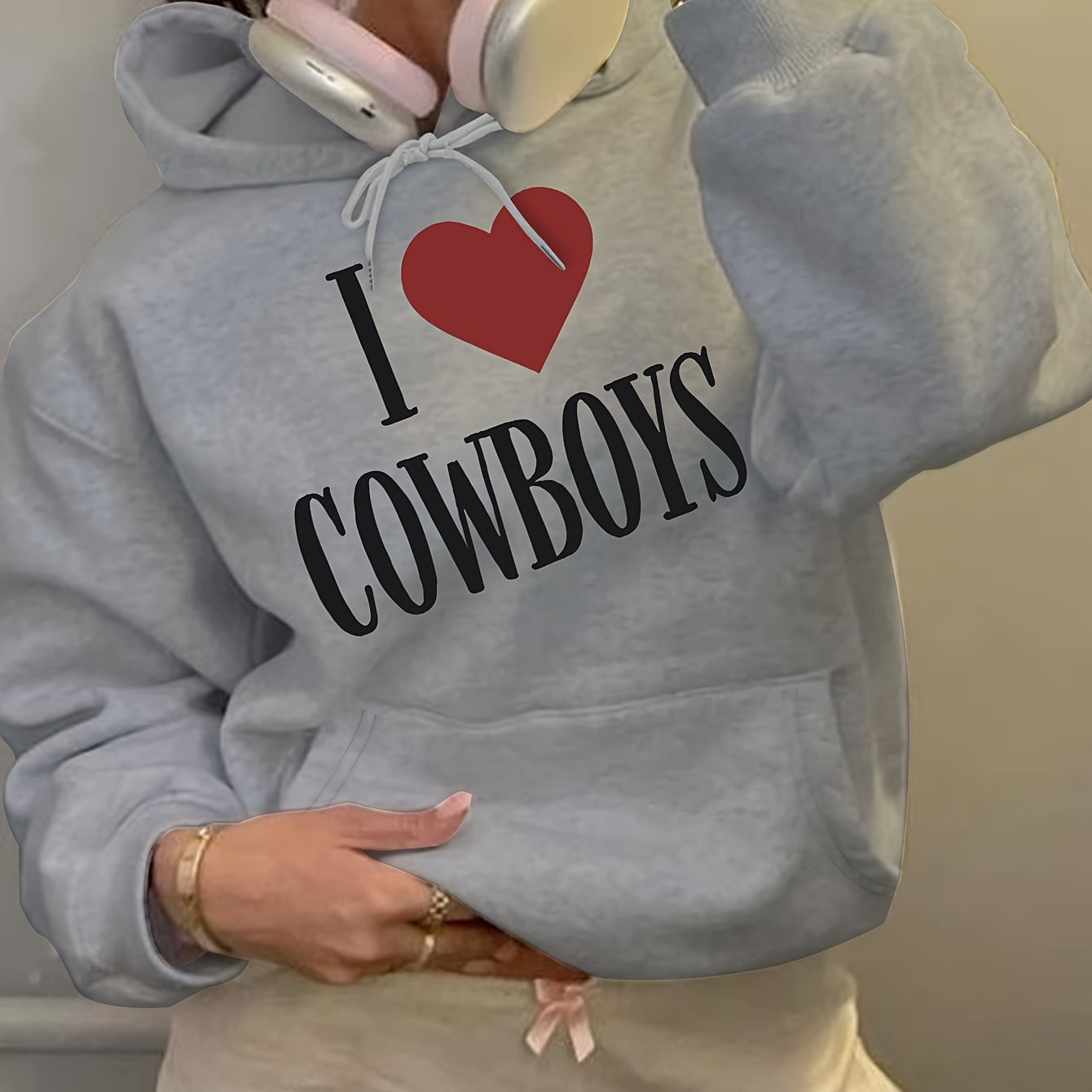 

Women's Casual "i " Print Hoodie - 100% Polyester Knit Fabric, All-season Long Sleeve Pullover With Hood
