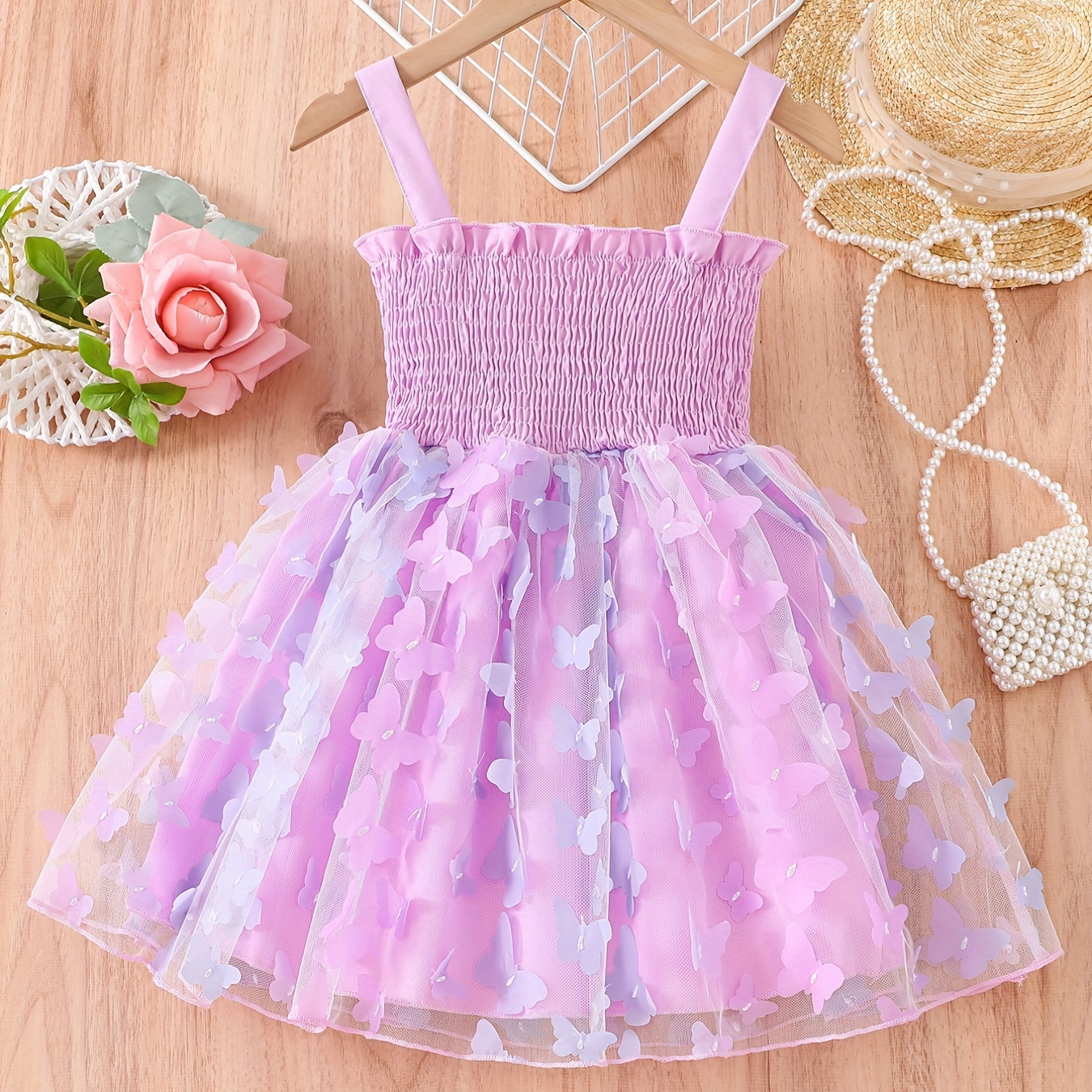 

Toddler Girls Butterfly Applique Frill Trim Shirred Cami Princess Dress For Party Beach Vacation Kids Summer Clothes