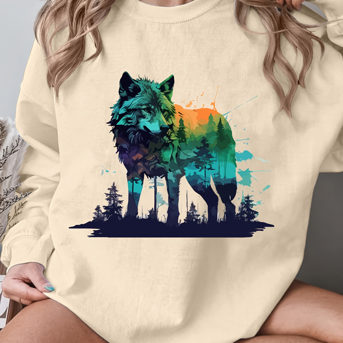 

Women's Casual Crew Neck Sweatshirt With Wolf And Forest Print - 100% Polyester Knit Fabric, Animal Pattern, Long Sleeve Pullover For Fall/winter