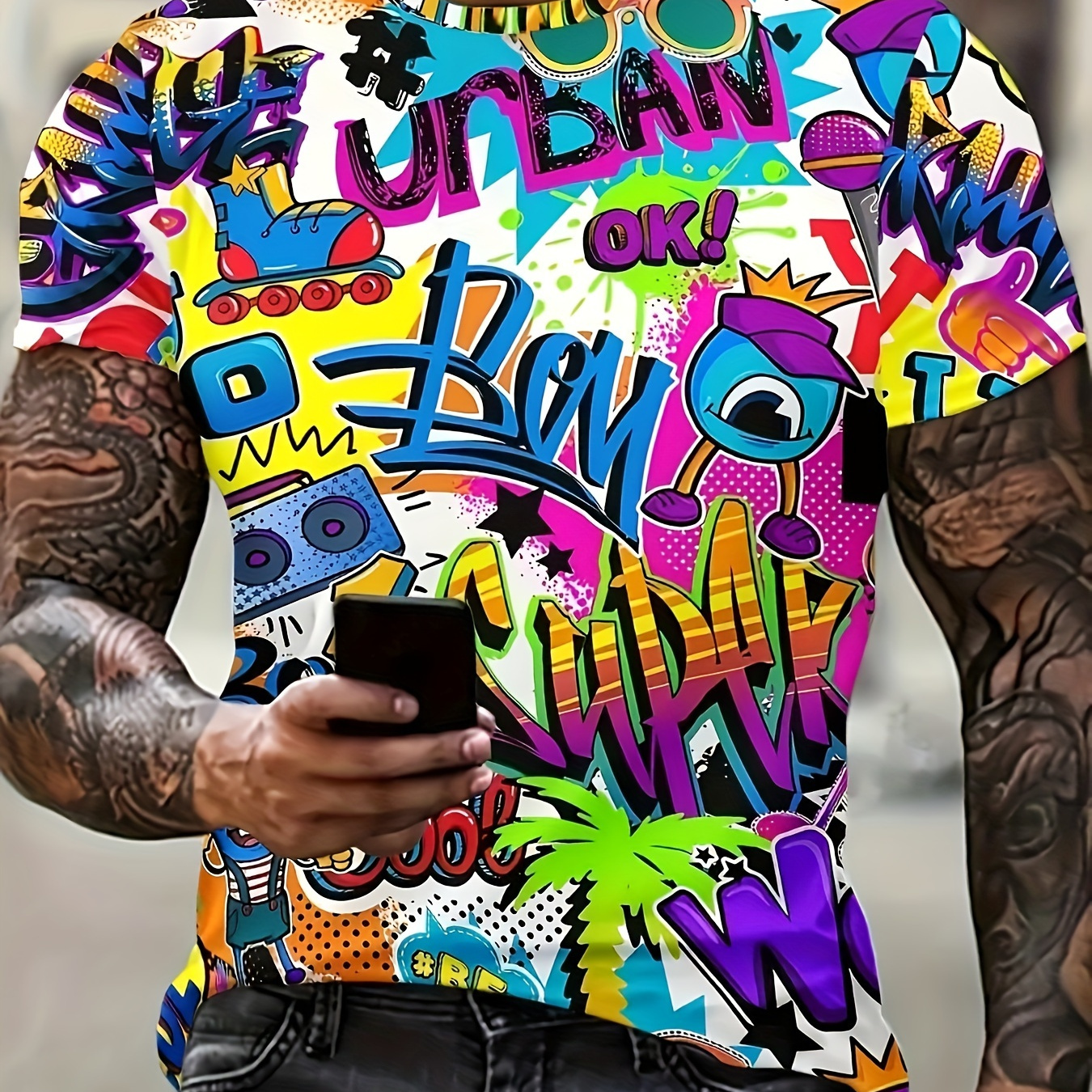 

Men's Casual And Stylish Graffiti Style Graphic Pattern T-shirt, Crew Neck And Short Sleeve Tops For Summer Outdoors Wear