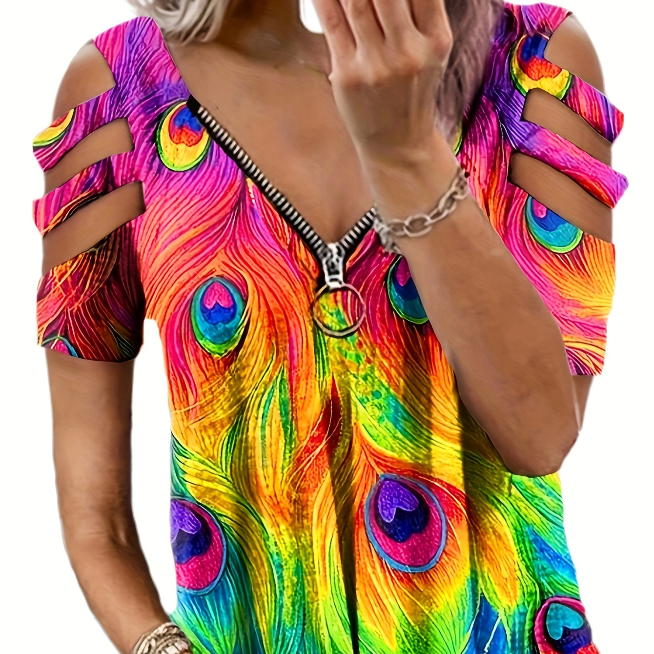 

Cold Shoulder Zip Up T-shirt, V Neck Casual Top For Summer & Spring, Women's Clothing