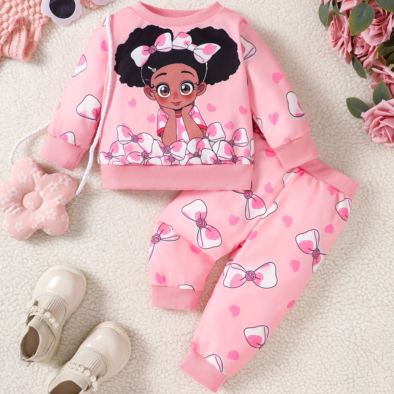 

2pcs Baby's Cartoon Bowknot Girl Pattern Sweatshirt + Casual Pants, Toddler & Infant Girl's Clothing Set