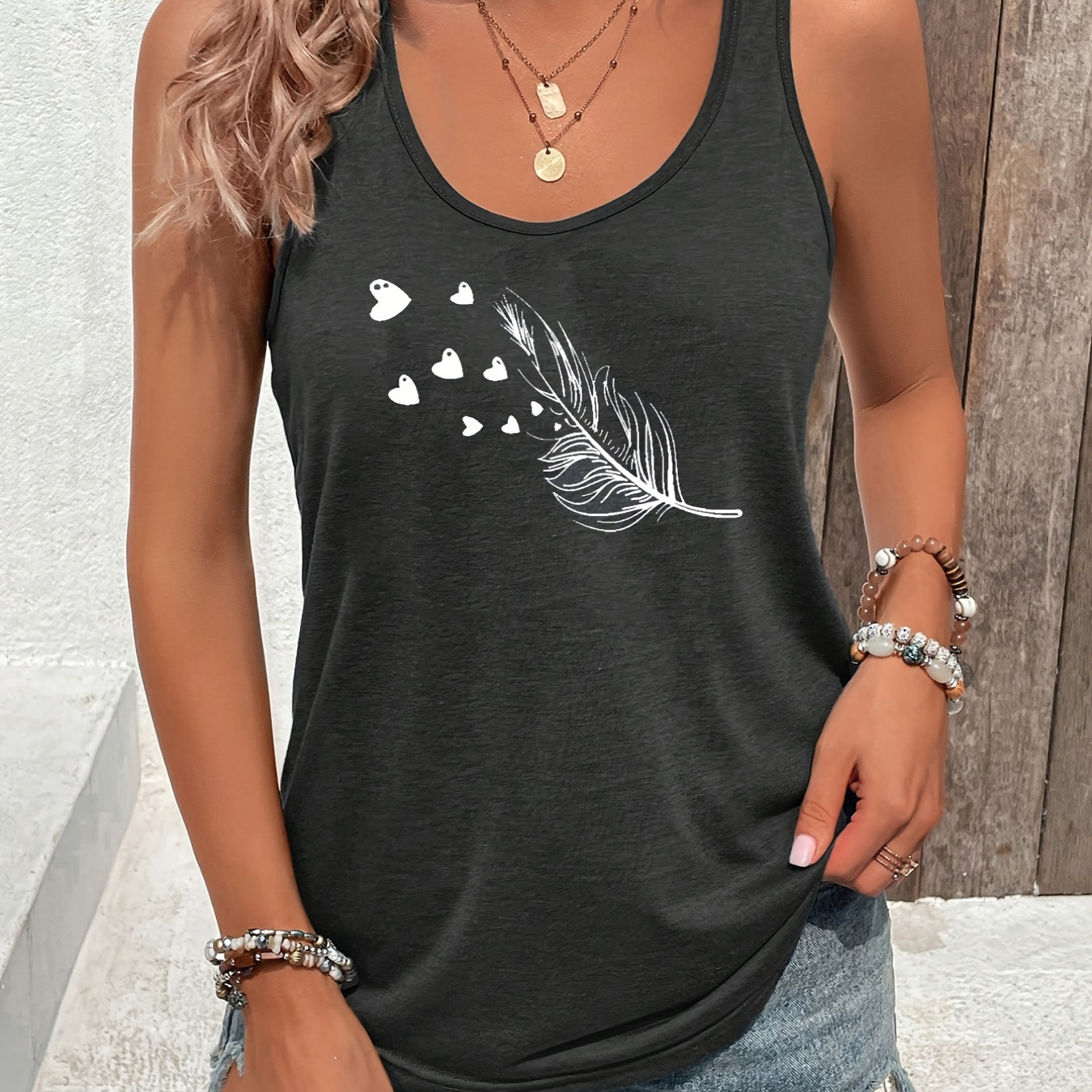 

Feather Print Crew Neck Tank Top, Casual Sleeveless Top For Spring & Summer, Women's Clothing