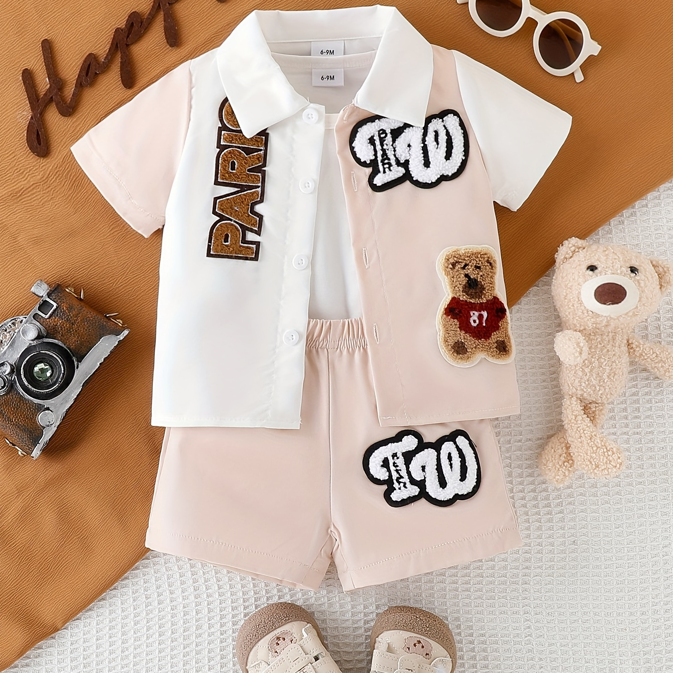 

3pcs Infant & Toddler's Bear & Letter Patchwork Summer Set, T-shirt & Color Clash Short Sleeve Shirt & Casual Shorts, Baby Boy's Clothes