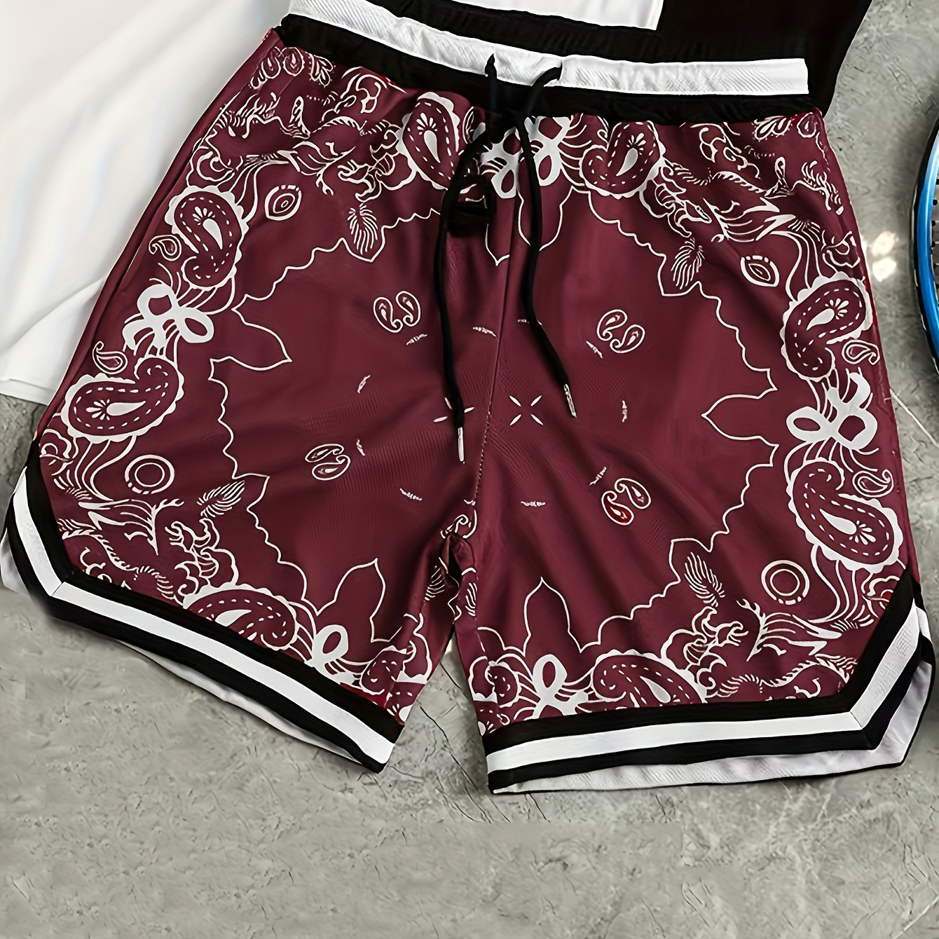 

Men's Loose Paisley Shorts, Active Waist Drawstring Shorts For Summer