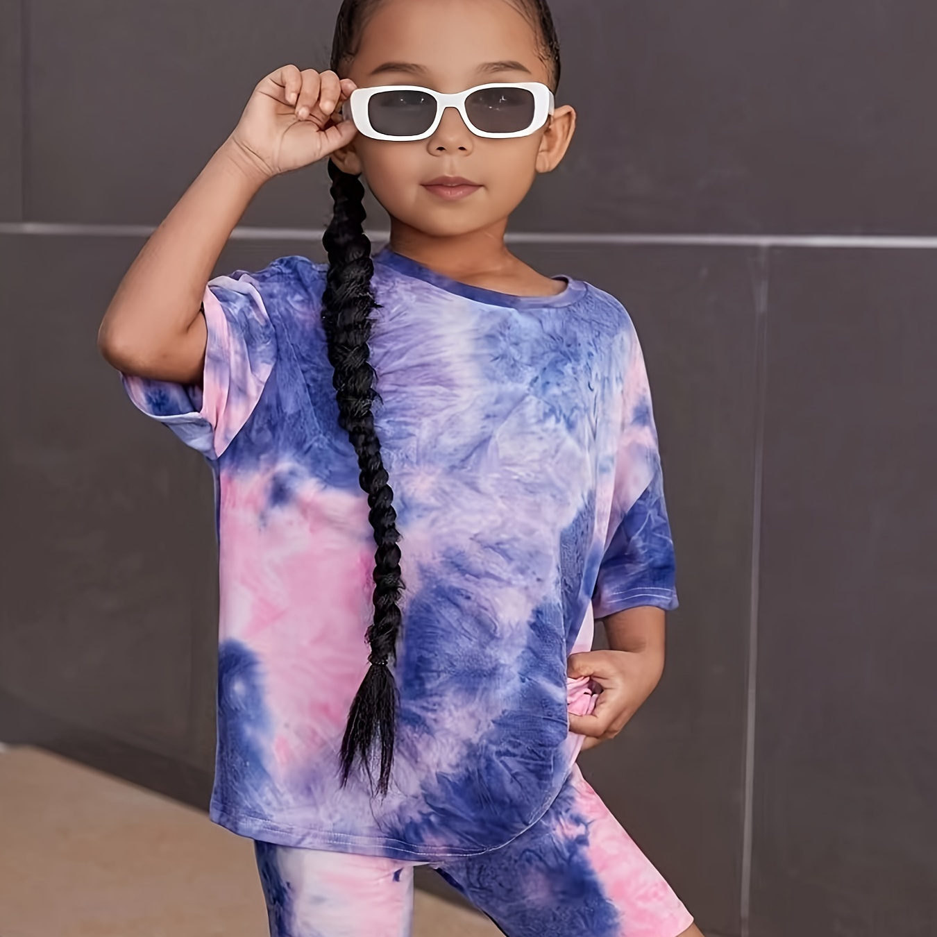 

2-piece Girls Tie-dye Set, Cool Streetwear, Loose Fit Short Sleeve Top With Biker Shorts, Trendy Tie-dye Print Outfit For Kids