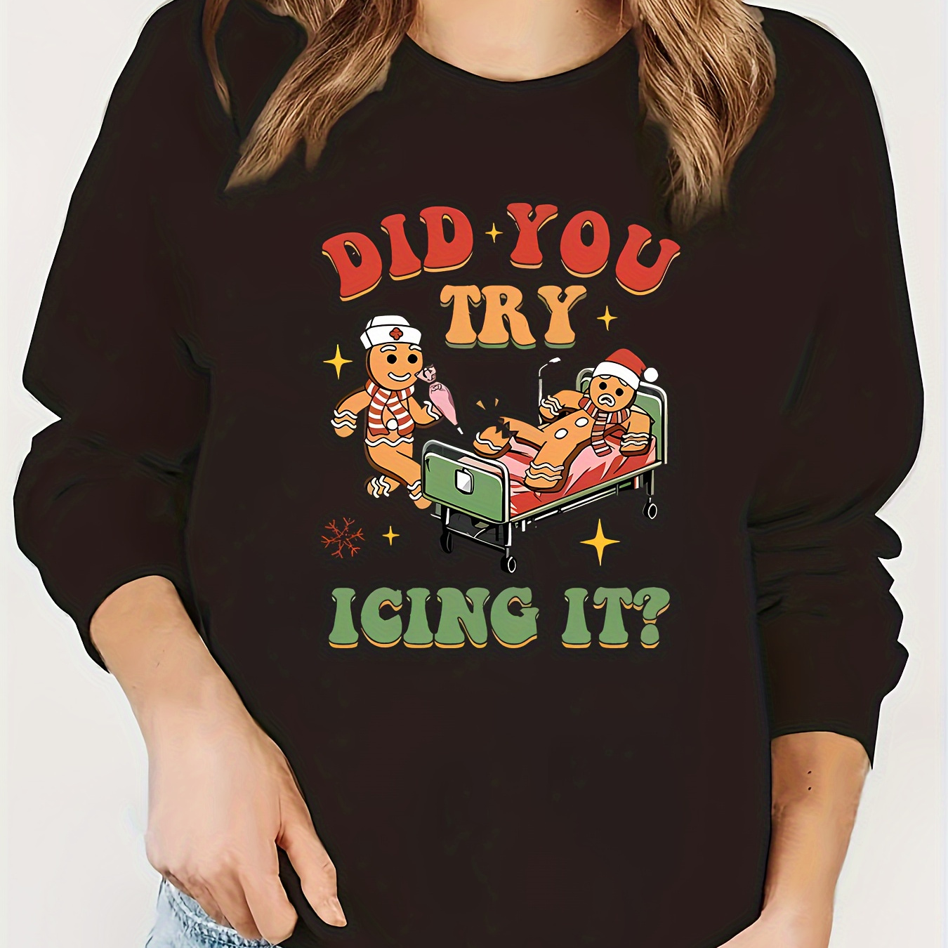 

Christmas-inspired Injury Gingerbread Man Graphic Sweatshirt For Women - Casual Round Neck Pullover With Embellished Collar, Knit Fabric, Polyester, Adult Size