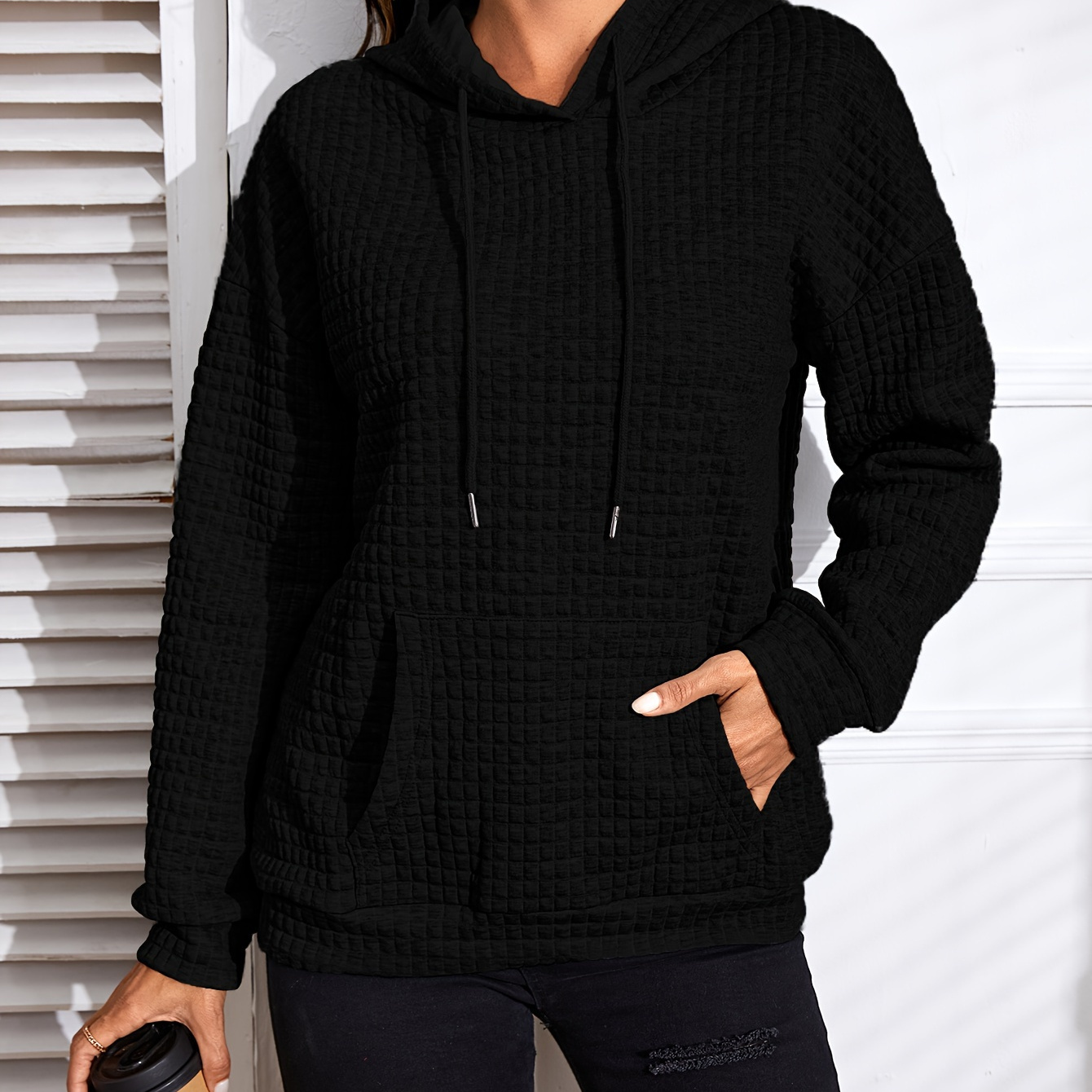 

Solid Waffle Kangaroo Pocket Hoodie, Casual Long Sleeve Drawstring Hoodies Sweatshirt, Women's Clothing
