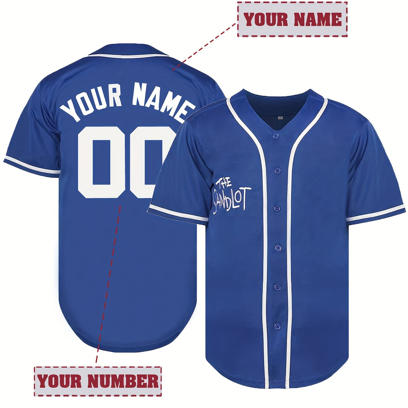 

Customized Name And Number Design, Men's The Sandlot Embroidery Design Short Sleeve Loose Breathable V-neck Baseball Jersey, Sports Shirt For Team Training