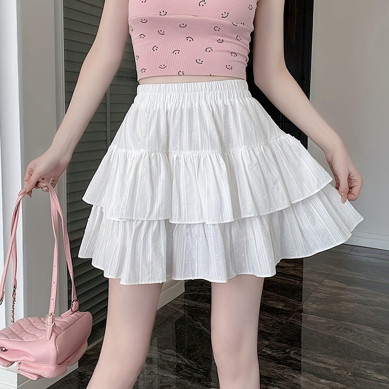 

Layered Ruffle Hem Solid Skirt, Elegant Elastic High Waist A-line Ruched Skirt For Spring & Summer, Women's Clothing