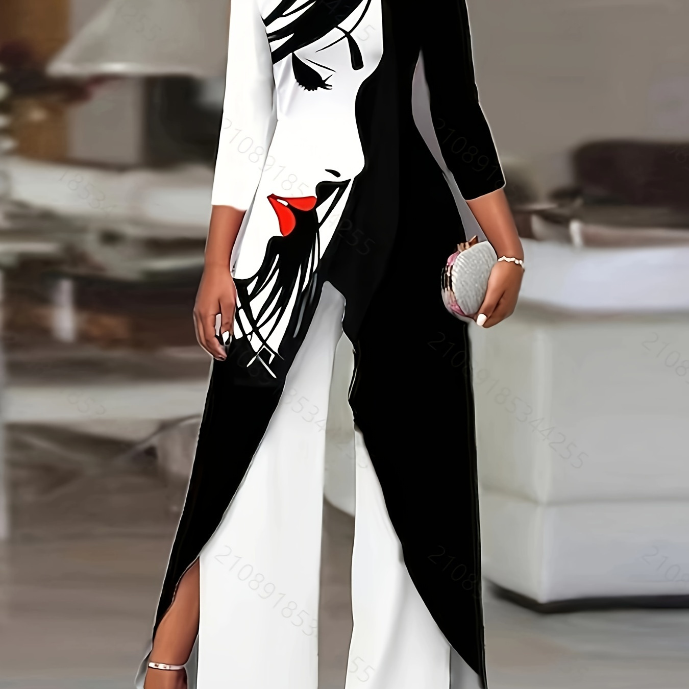 

Loose Matching Two-piece Set, Elegant Long Sleeve Cold Shoulder Figure Print Color Block Split Top & Solid Split Pants Outfits, Women's Clothing