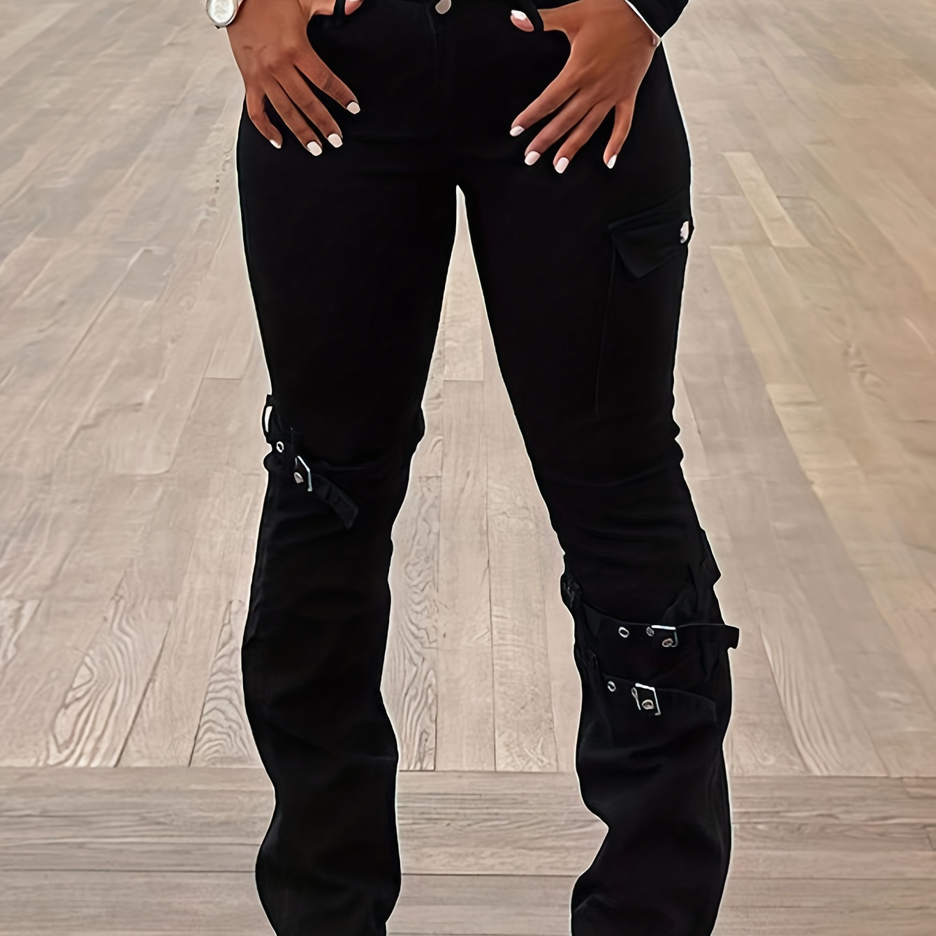 

Garter Decor Plain Black Color Side Flap Pocket Stretchy Cargo Denim Pants, Women's Denim Jeans & Clothing