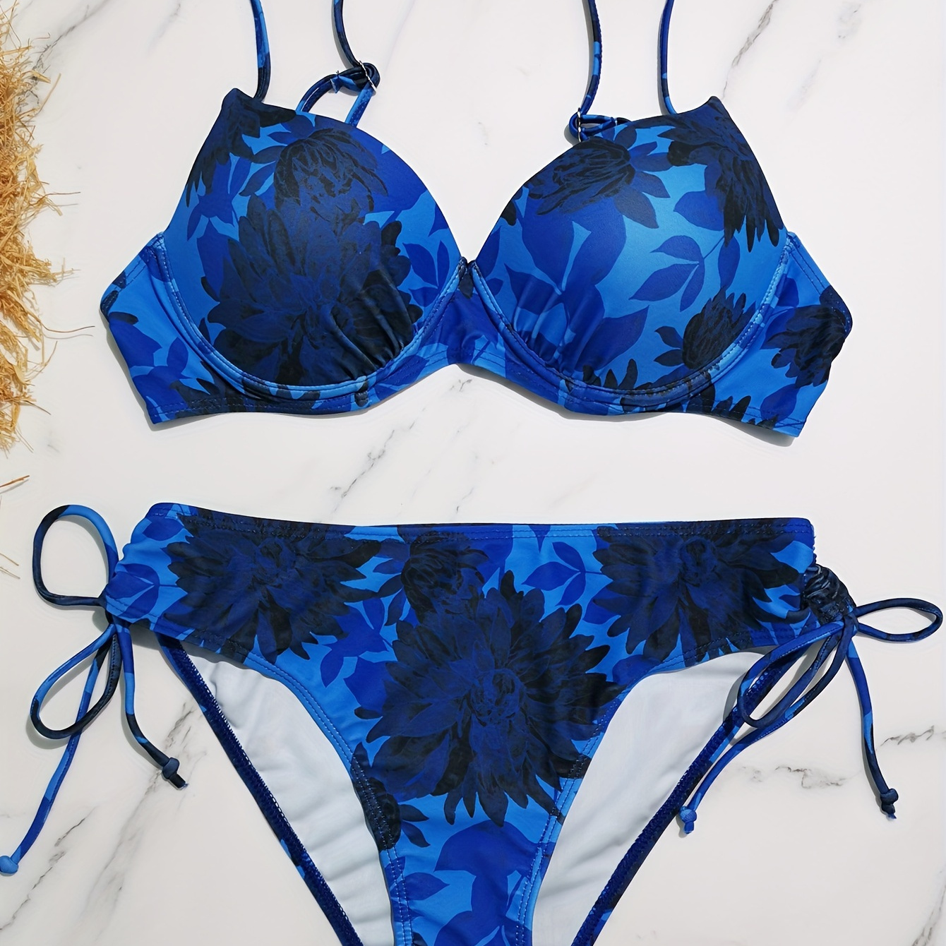 

Blue Floral Print Drawstring 2 Piece Set Bikini, Spaghetti Strap V Neck Stretchy Swimsuits, Women's Swimwear & Clothing