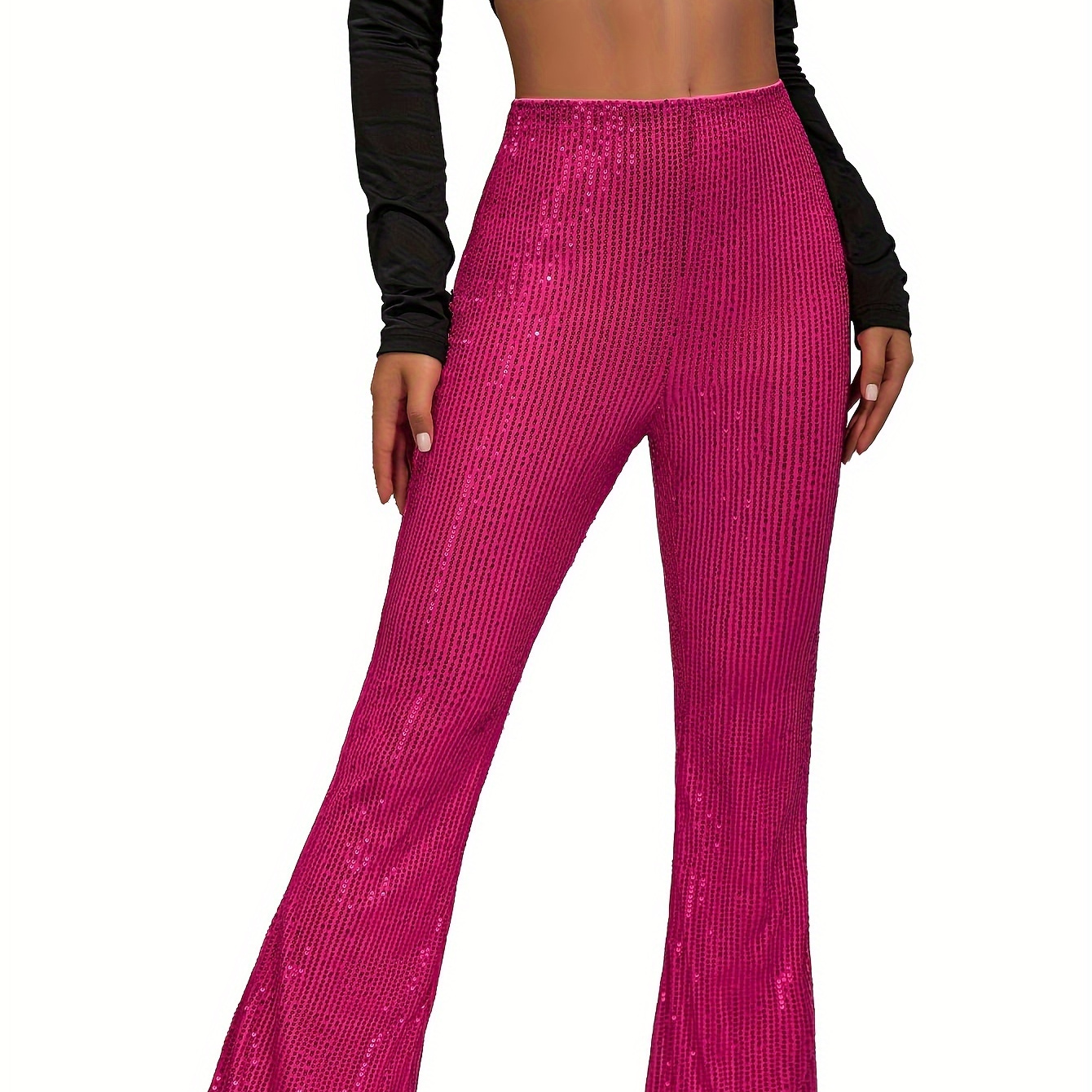 

Flare Leg High Waist Extra Long Length Pants, Elegant Glitter Sequined Party Pants, Women's Clothing