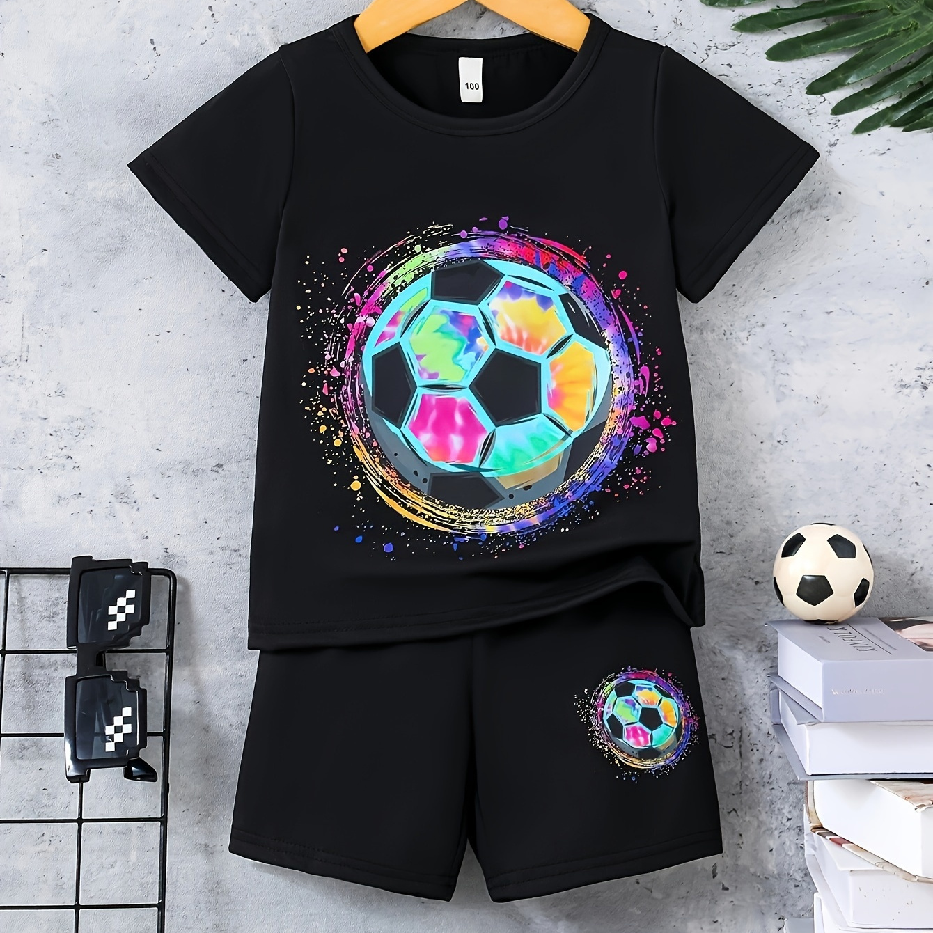 

2pcs Boys Colorful Soccer 3d Print Short Sleeve Outfit, Crew Neck T-shirt & Comfy Shorts Set, Kid's Clothes For Summer