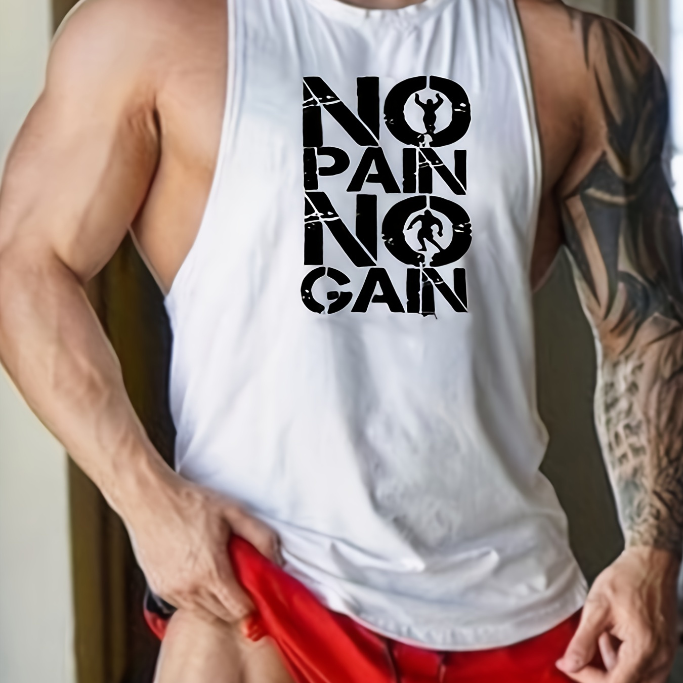 

No Pain No Gain Print Summer Men's Quick Dry Moisture-wicking Breathable Tank Tops, Athletic Gym Bodybuilding Sports Sleeveless Shirts, For Running Training, Men's Clothing