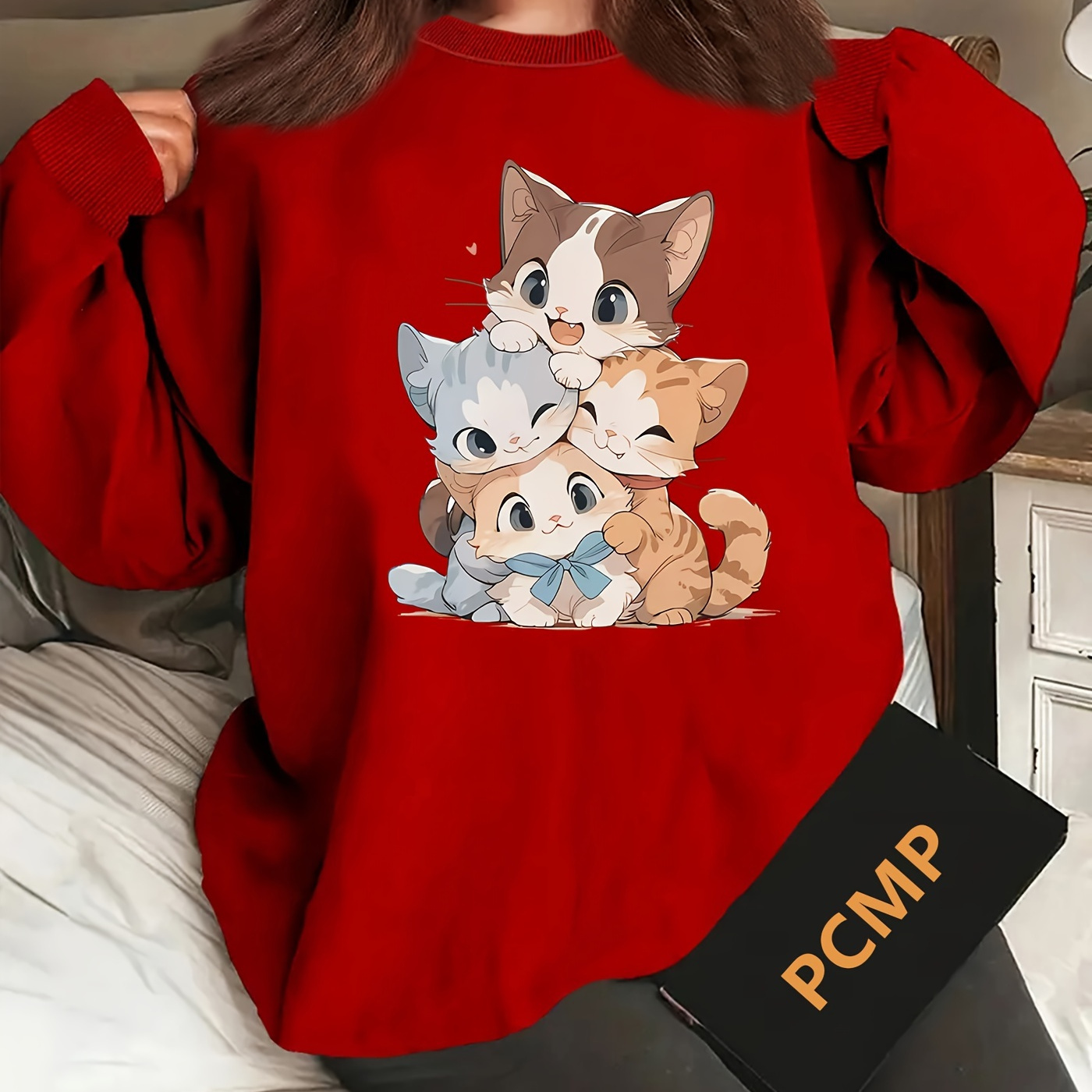 

Plus Size Cute Cats Print Sweatshirt, Casual Long Sleeve Crew Neck Pullover Sweatshirt, Women's Plus Size Clothing